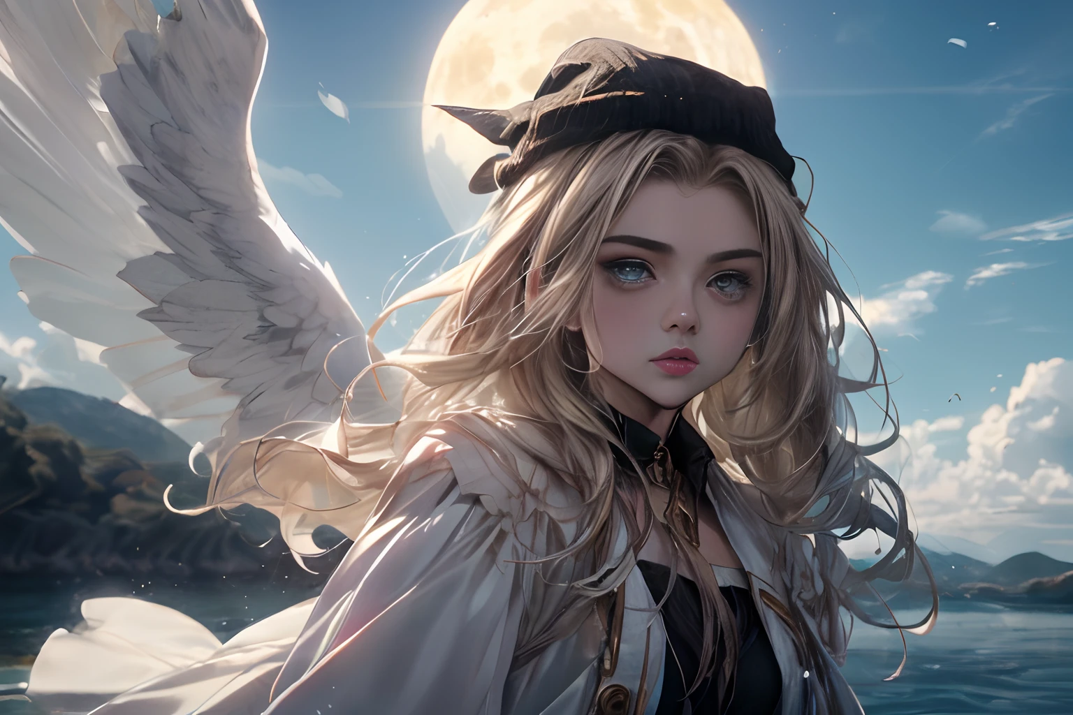 (Masterpiece: 1.3), (8k, Photorealistic, Photo RAW, Best quality: 1.4), (UHD), (Ultra high realism), (Ultra high definition), (Ultra high detail), (Increase contrast), (Increase saturation), (((1girl:1. 3)), A female Angel, ((looks like a hybrid of Cabie Smulders and Chloë Grace Moretz, 20 years old)), ((Very Realistic Wings)), with a perfect figure: 1. 4, Cute Face, Beautiful Face, (Realistic Face), Beautiful Hairstyle, Realistic Bright Amber Eyes, Beautiful Details, (Realistic Skin), Warm and soft skin tone, with subtle makeup highlighting natural features, with subtle and iridescent shimmer, free of imperfections, Ultra High Definition, Ultra Realistic, Highly Detailed, (Large Breasts: 1.3), (Cleavage: 0.8), white, The Angel woman is standing on a hill, looking towards the horizon as the sun rises, with wings spread gently, where you can see a landscape of soft hills and a sky painted with golden and pink tones, while her hair with loose and natural waves, which has decorations with small flowers braided in the hair moves. (Straight bluish hair, large breasts: 1.3), (Neckline), ((wears a necklace of softly colored, reflective glass beads that catch the moonlight and water as she dives)), ((Slim figure: 1.2)), (Toned waist), firm, curvaceous buttocks, ((plunging neckline)), ((wears An ethereal white dress with flowing, golden details, flowing softly in the wind. Translucent fabrics add an ethereal touch)), Shot on Sony FE 24-70mm f/2.8 GM, HQ, 8K (film grain: 1.3), 8k UHD, DSLR, soft lighting, high quality, HDRI, Sony A7R IV