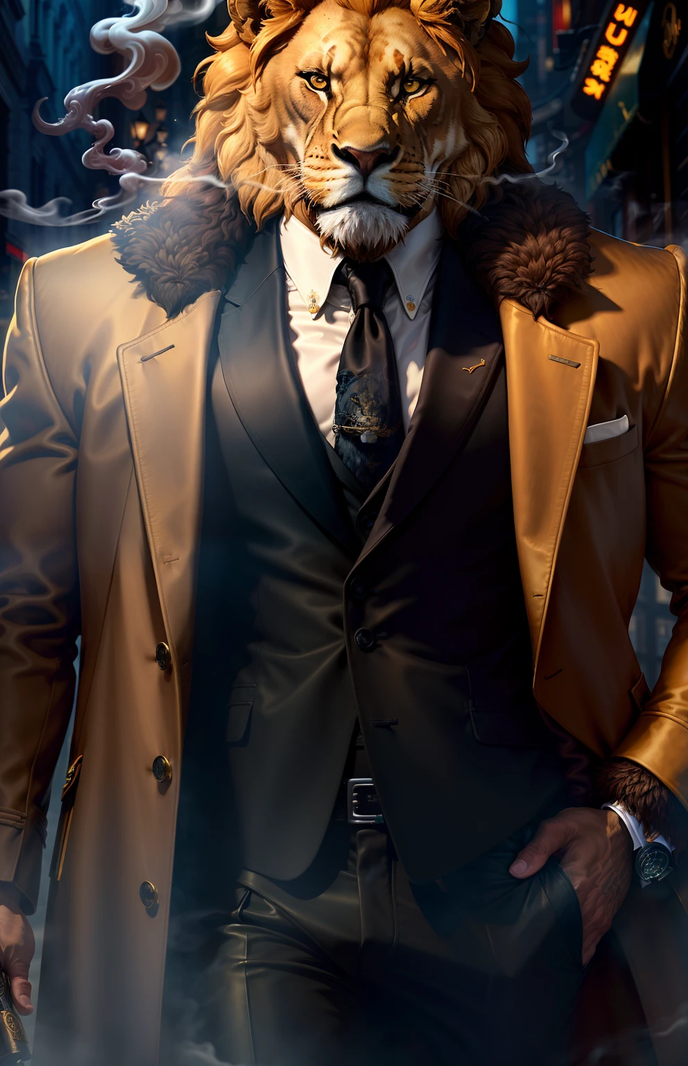 Masterpiece, (Ultra detailded), (Anthropomorphisme animal), Gangster theme, lion, beau, Trench-coat, dim lights, smoke, ombre, paysage urbain corrompu, Highest quality, Foyer unique, (skimming: 1.1), muscle man, corps entier, complexe (High detail: 1.1) Moteur Unreal.