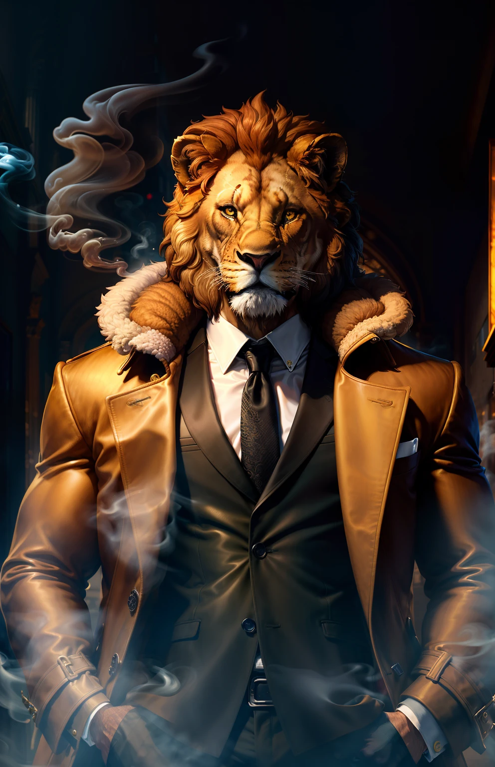 Masterpiece, (Ultra detailded), (Anthropomorphisme animal), Gangster theme, lion, beau, Trench-coat, dim lights, smoke, ombre, paysage urbain corrompu, Highest quality, Foyer unique, (skimming: 1.1), muscle man, corps entier, complexe (High detail: 1.1) Moteur Unreal.