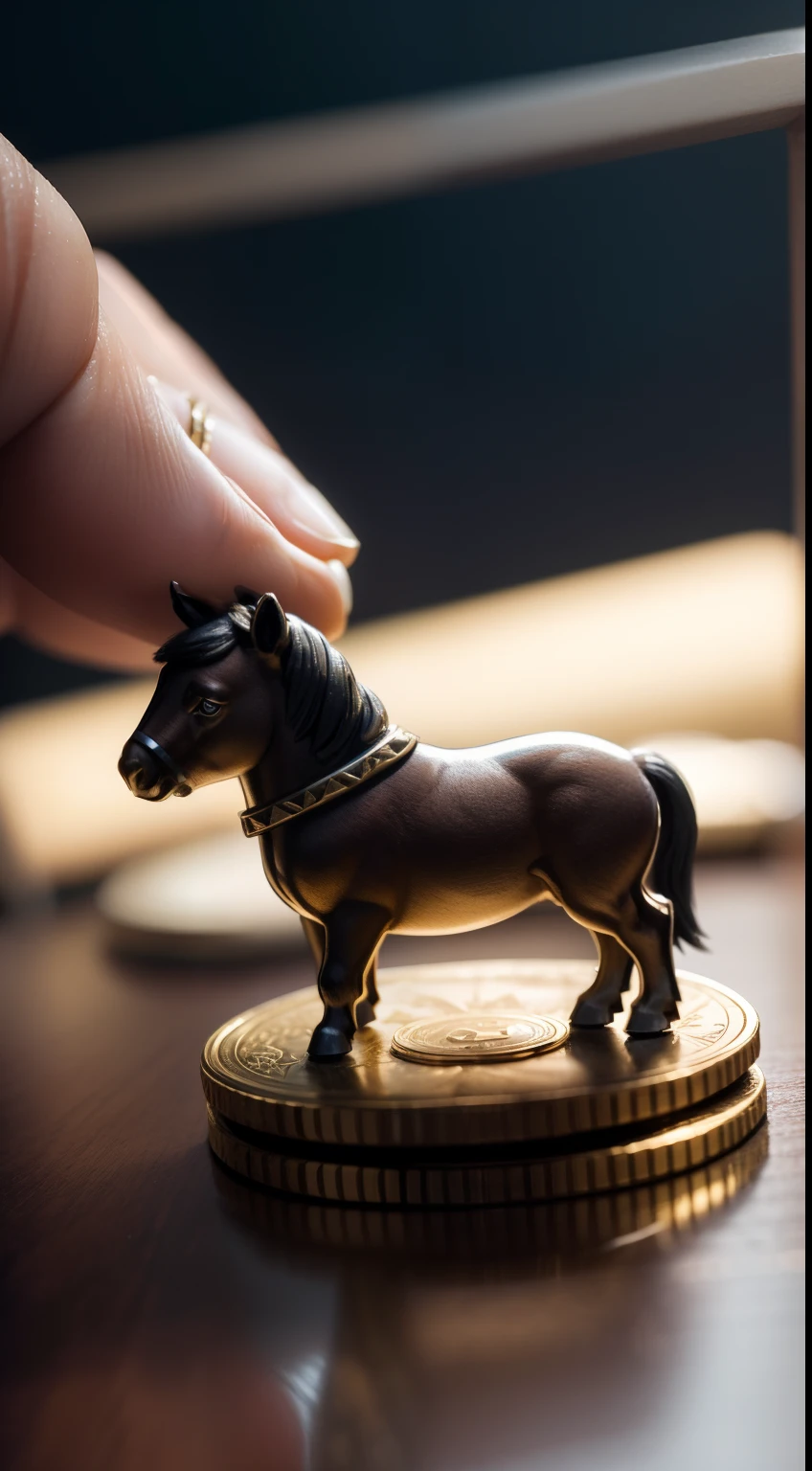 masterpiece, best quality, A super tiny mini horse on a coin. photo real,classic composition,masterpiece,exquisite,color correction,amazing visual effects,crazy details,intricate details,sharp focus,HD,8k