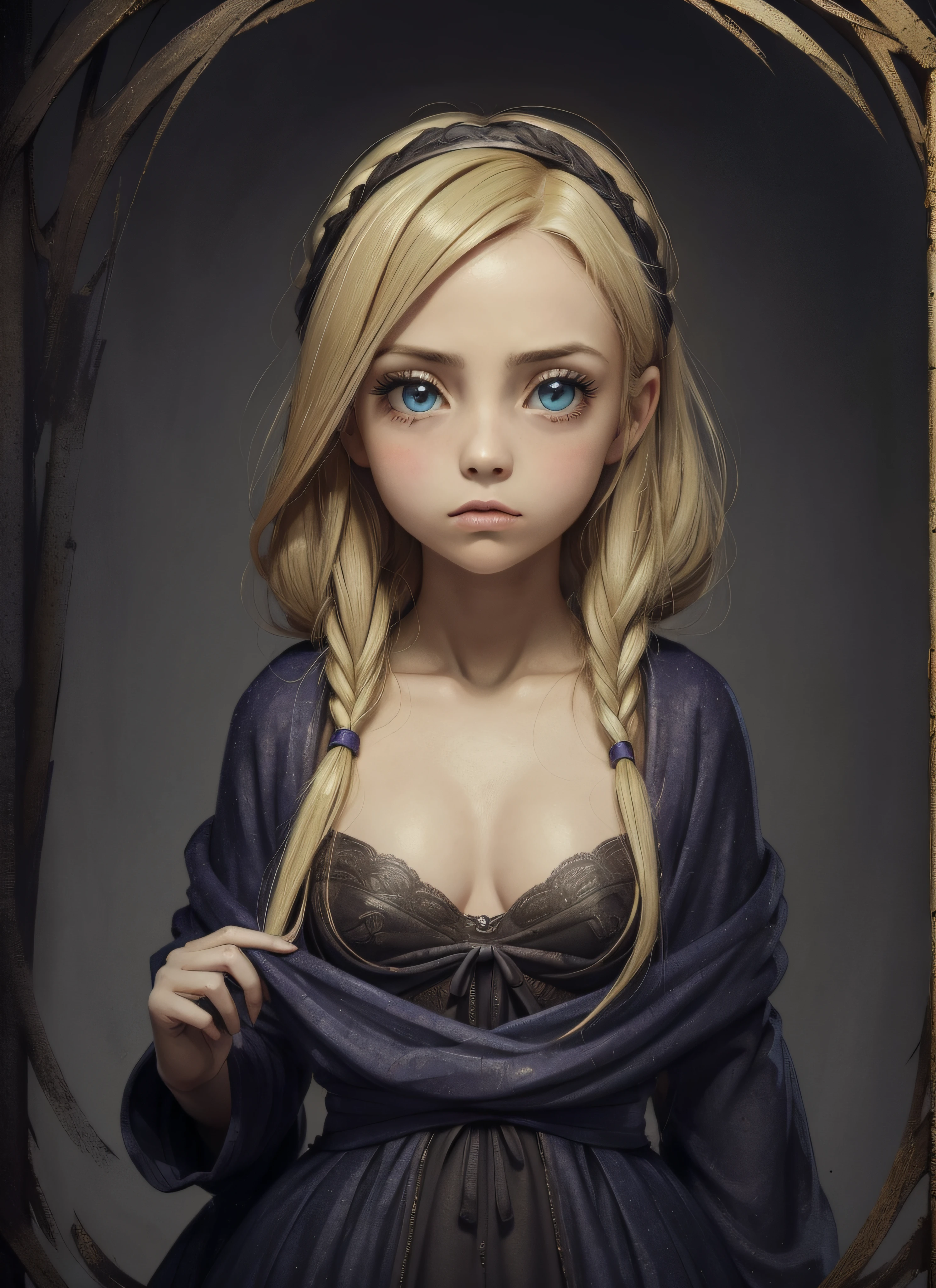 highest qualityr, (obra maestra), retrato (parte superior del cuerpo), (nipple erect), -yeld giwith blonde hair, peinado de capas frontales, cara perfecta con ojos grandes detallados y hermosos, 1doll girl, mirando al espectador, cara detallada, small mouth with fat lips, maquillaje oscuro, expression sad, desnuda, ropa abierta, ropa ajustada, fondo liso con destellos de colores, (enfoque facial, Perfectcomposition, RAW, hiperrealista, super detallada, 8k, alta calidad, foco nítido, cinemactic, luz de estudio suave, Detalles intrincados), por Tim Burton