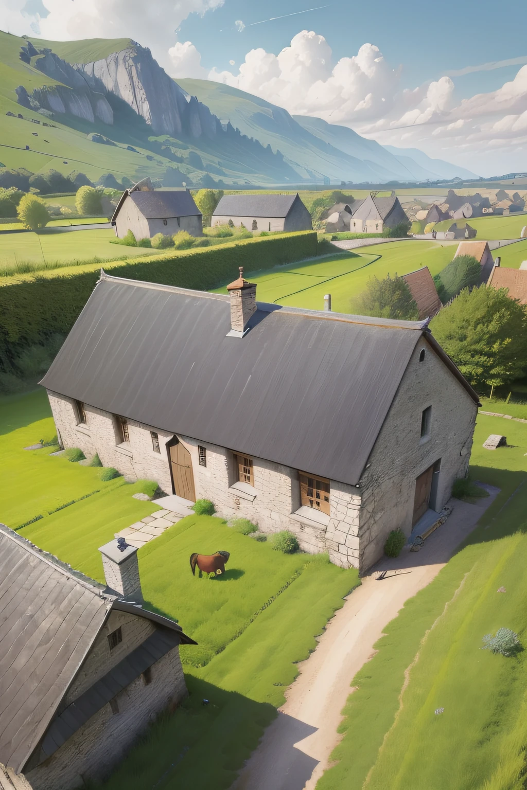 Line art in warm colours, one old medieval French stone barn with a grey slate roof, in a field, summer, sunny afternoon, (ligne claire, strong lines, no hatching), in the style of Franco-Belgian comics, in the style of fantasy comics, by Edgar P. Jacobs, by Herge, by Jacques Martin