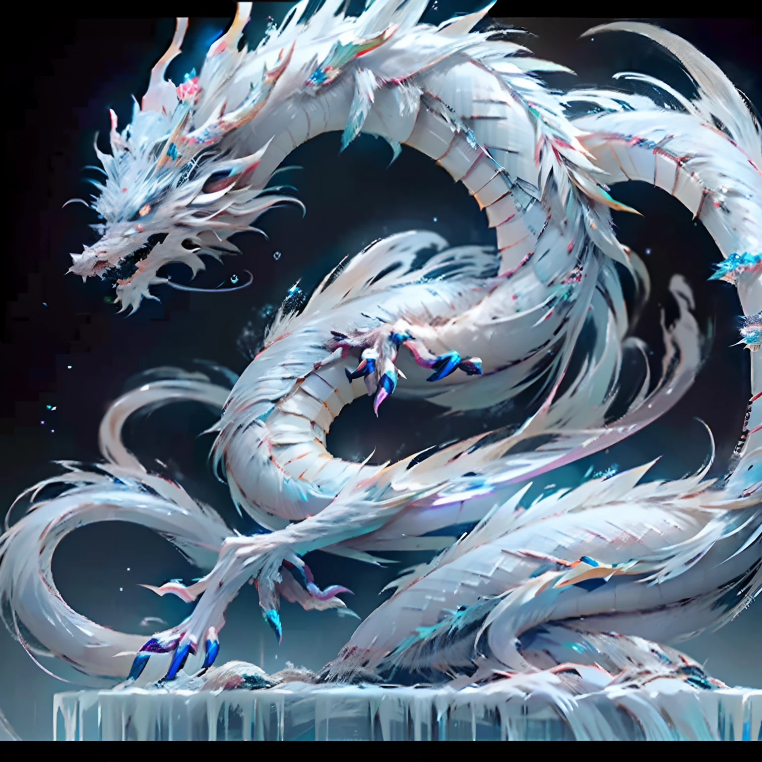 Its head is tapered,There is a pair of sharp horns on the forehead,The eyes are deep and sharp,It emits an ice-blue glow。The body of the dragon is covered with hard ice scales,The scales have a transparent ice crystal texture,There was a faint cold light。The wings of the ice dragon are wide and powerful,The wings are also covered with ice scales,When the wings are unfolded, it looks like a huge ice crystal。Its limbs are strong and powerful,The claws are as sharp as a knife,The transparent icy claws exude a cold breath。The ice dragon's tail is long and flexible,The tail ends tapered,Shining transparent ice picks。When it opens its mouth,A cold ice mist erupts from the mouth,Condensed into frost and fluttered in the air。Overall,This ice dragon exuded a powerful and cold aura,Be intimidating