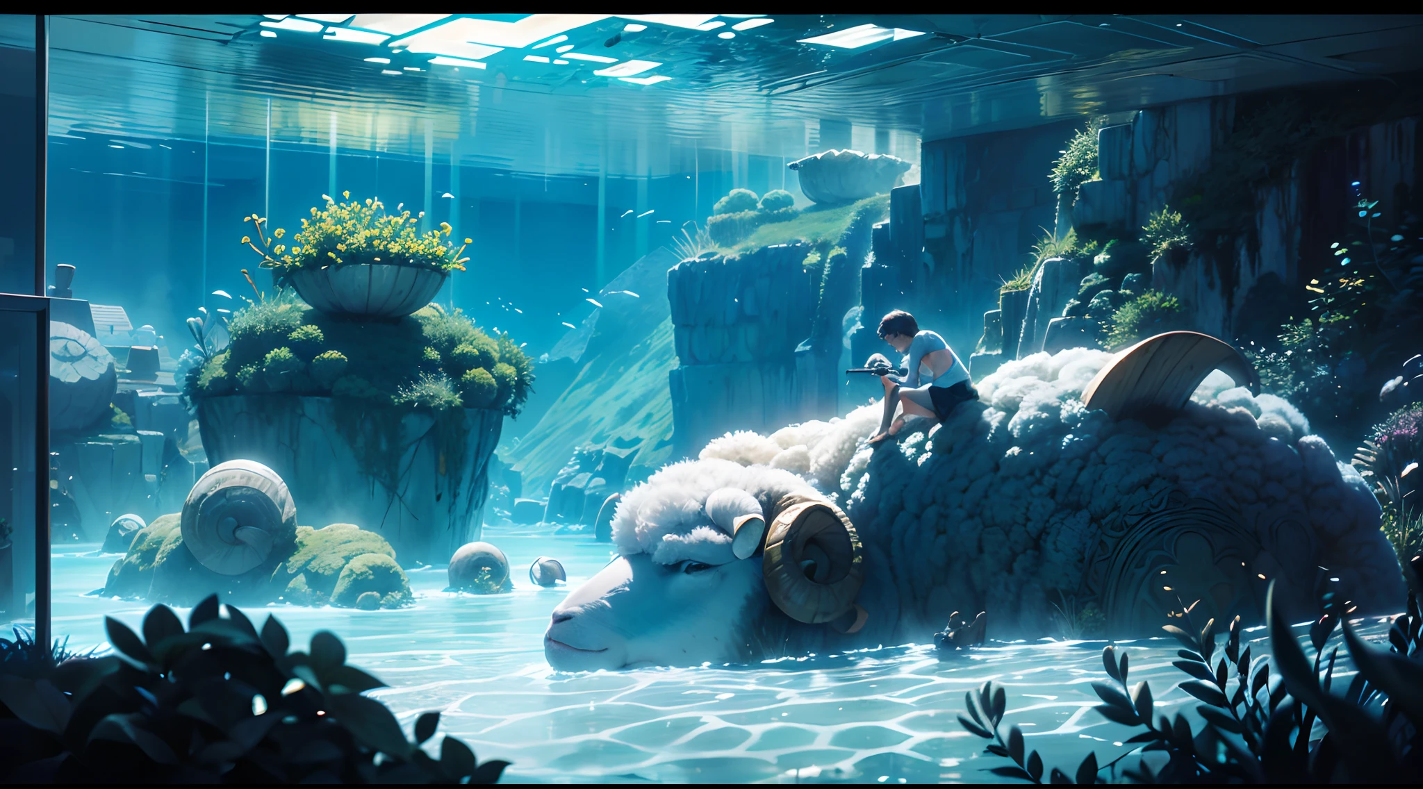 (intricate underwater world:1.1), (concept art underwater cinema), ((napping boys, sheep, pasture, school in the distance, with movie screen and thick oil painting:1,7)), (multilayered:1.5), intricate surface detail texture and skin, black light paint with glass paint with air brush, hyper real, ultra fine detailed skin, ultra quality, cinematic still, 16k, conceptual contrast, associate press photo,