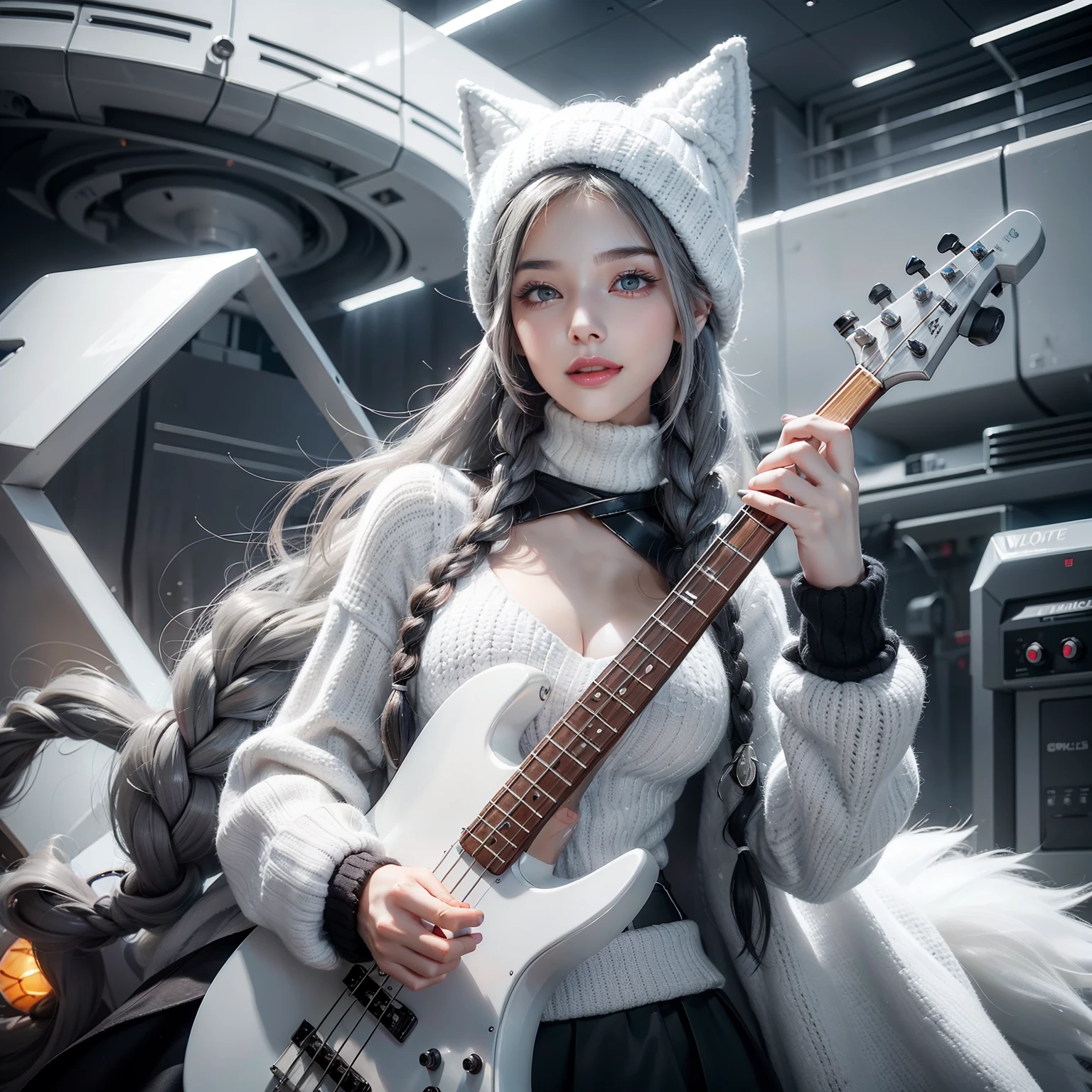 Seductive woman happy with hands raised Perfect beauty Beautiful white skin beautidful eyes Look at viewers Lustrous lips Lovely smile gray hair in braids Knitted hat with a wolf face Have an electric bass guitar is standing Futuristic lollipop costume designed in black and white Functional head phone spaceships