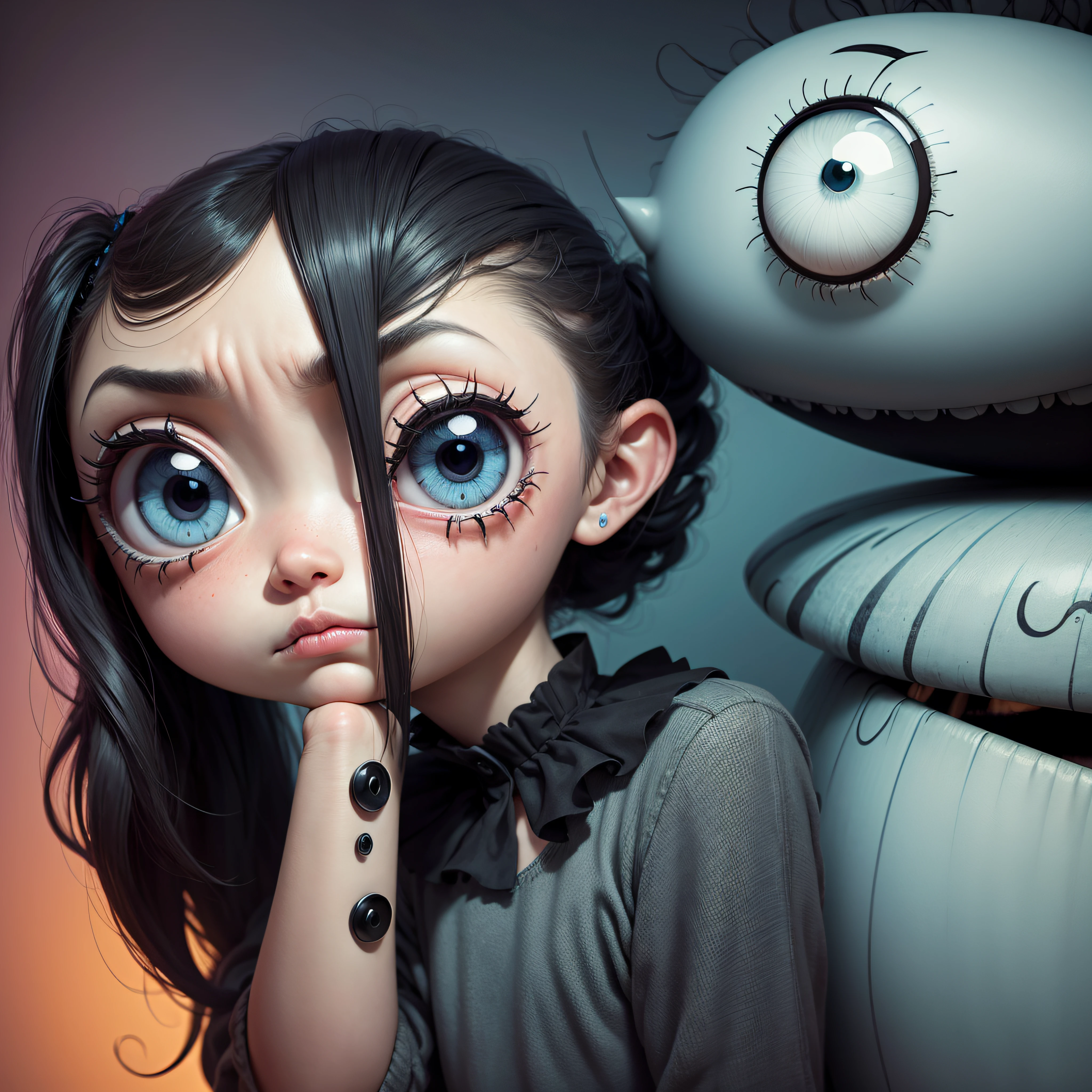 Estilo Pixar, Somber, Negativo, torcido, weird, ojos grandes, , por tim burton --auto