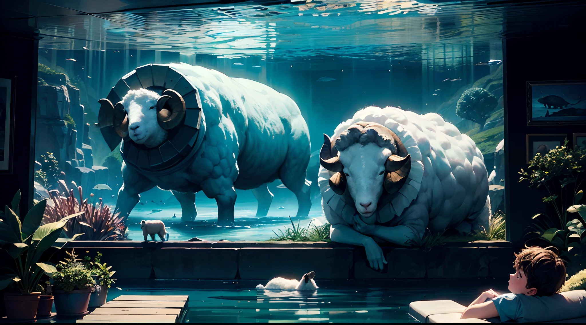 (intricate underwater world:1.1), (concept art underwater cinema), ((napping boys, sheep, pasture, school in the distance, with movie screen and thick oil painting:1,7)), (multilayered:1.5), intricate surface detail texture and skin, black light paint with glass paint with air brush, hyper real, ultra fine detailed skin, ultra quality, cinematic still, 16k, conceptual contrast, associate press photo,