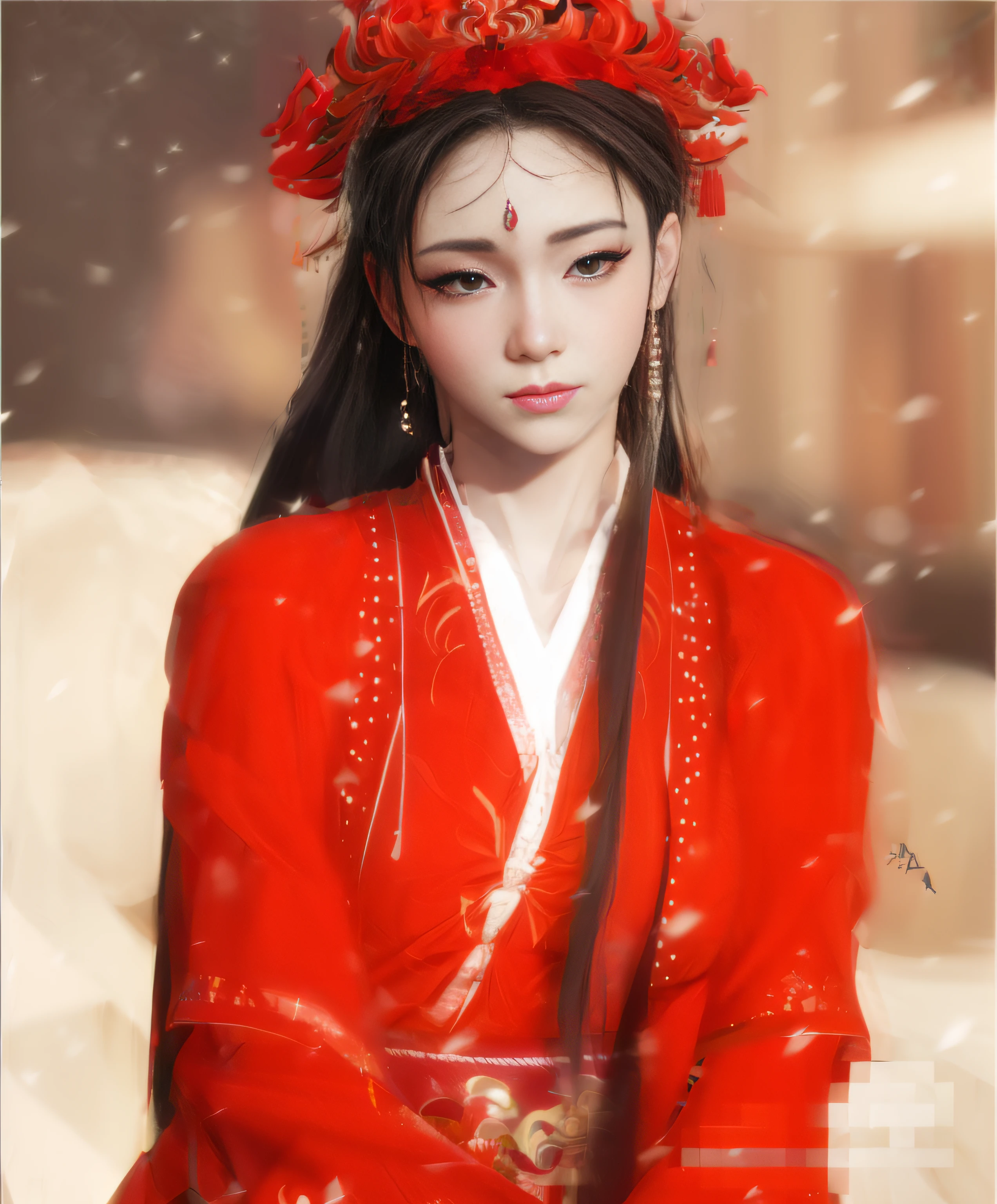 A young and beautiful woman，Glasses hang low，sadness and loneliness，Wearing bright red Hanfu，Wear a garland on your head，Drifting snowflakes，Background bokeh