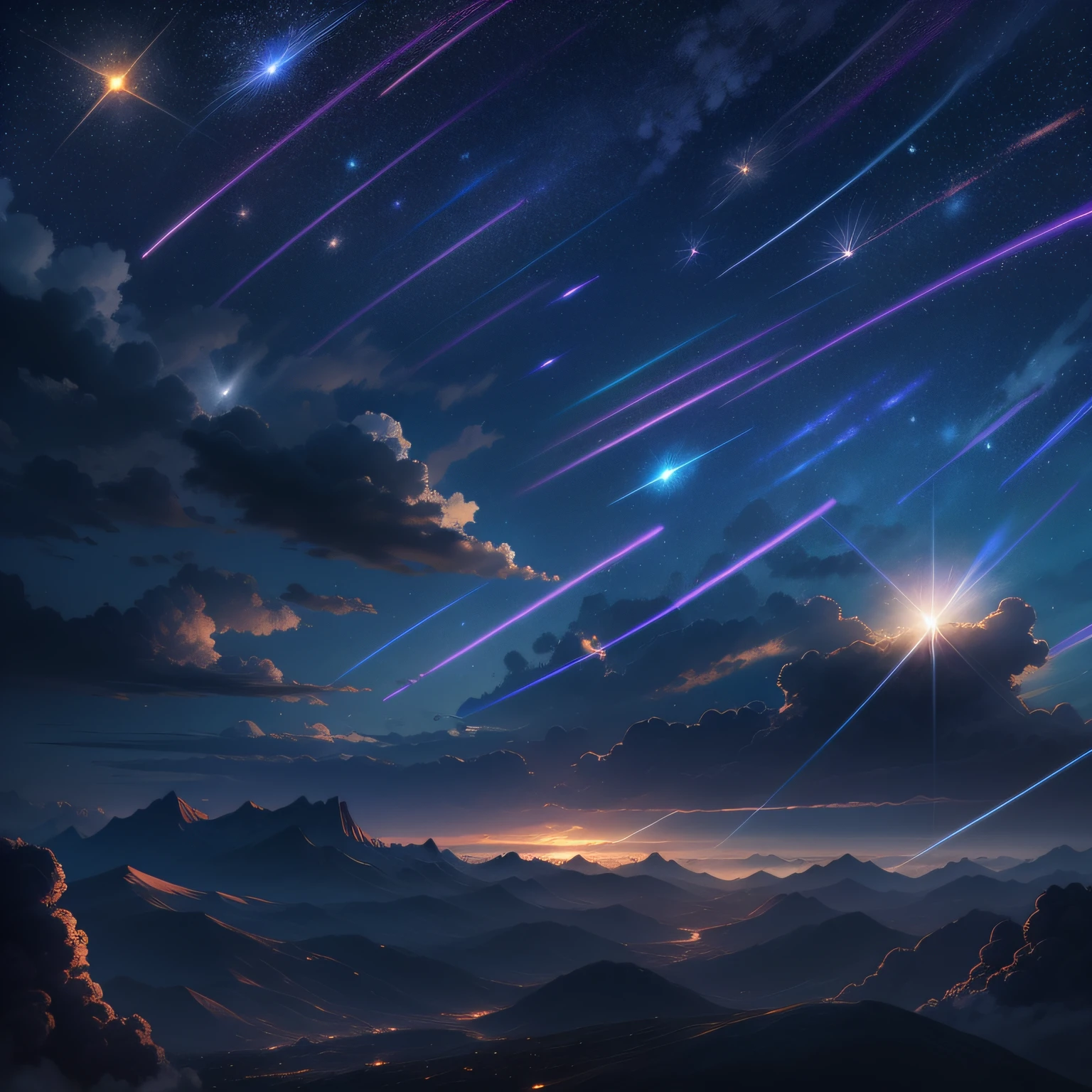 High quality masterpiece，Meteors streak across，galactic，Shining starry sky，blue backdrop，Realiy，restore，𝓡𝓸𝓶𝓪𝓷𝓽𝓲𝓬，top-quality，best qualtiy，holy rays，realisticlying