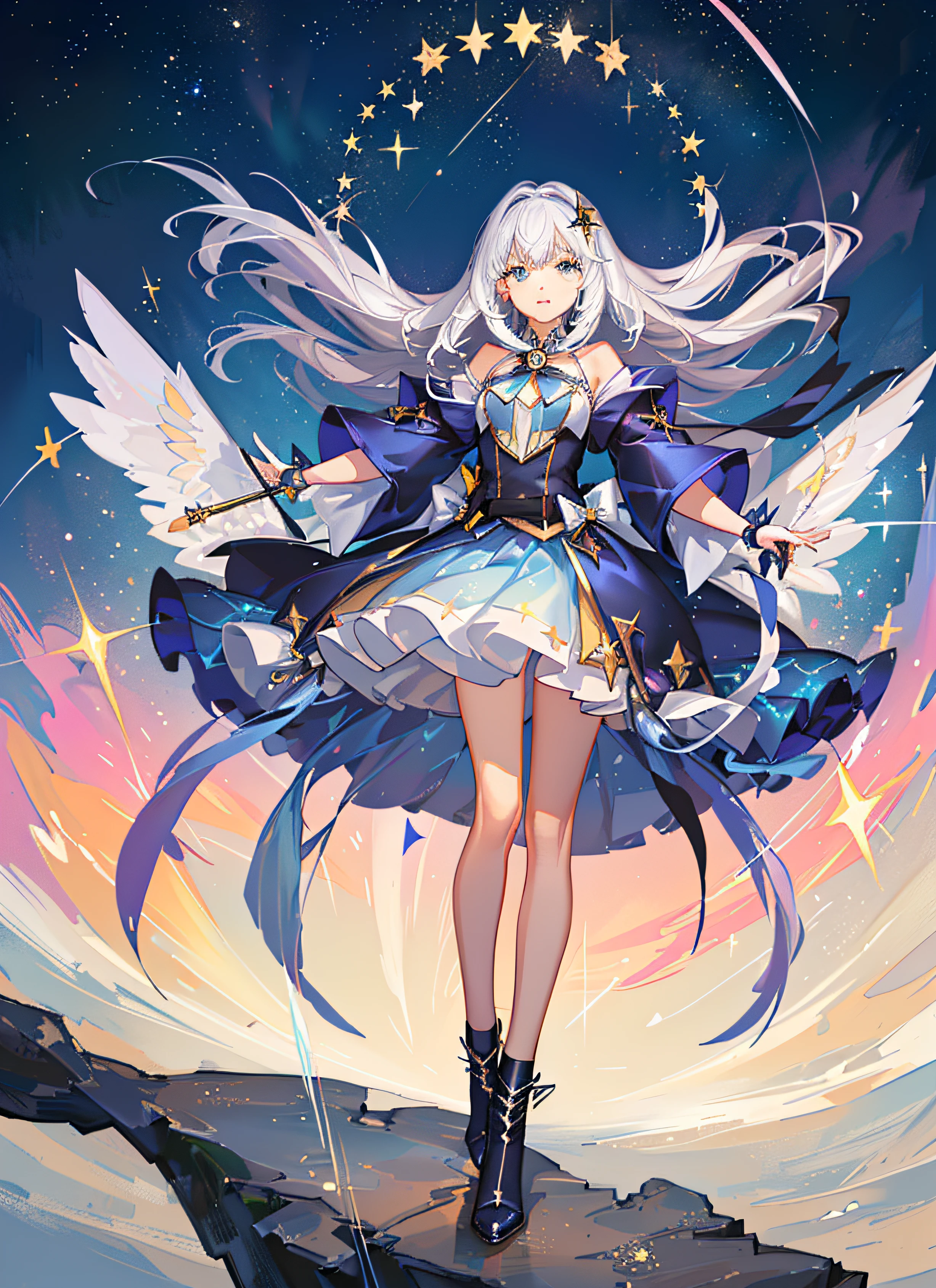((magical little girl)), ((Gorgeous starry sky background)), ((Ultra-detailed)), ((Best Illustration)), ((Cinematic lighting)), Dynamic Angle, Floating, finely detailed, (glitters:1.2), (Sparkle:1.2), (Shine:1.2), classic, (Painting:1.1), (Sketch:1.1), (Best quality), (Masterpiece:1.2), (Anime style), (Solo), Beautiful detailed face, (Cute face:1.3), (Big eyes:1.3), Colorful hair, (Long hair:1.2), (Floating hair:1.2), (magical girl outfit), detailed outfits, (Sparkling wand:1.3), (Magical effect:1.3), (Flowing skirt:1.2), (Cute boots:1.1), (Transparent fabric:1.1), (Twinkle:1.2), (Glow:1.2), (Radiance:1.2), (Flicker:1.2), (Dazzle:1.2)