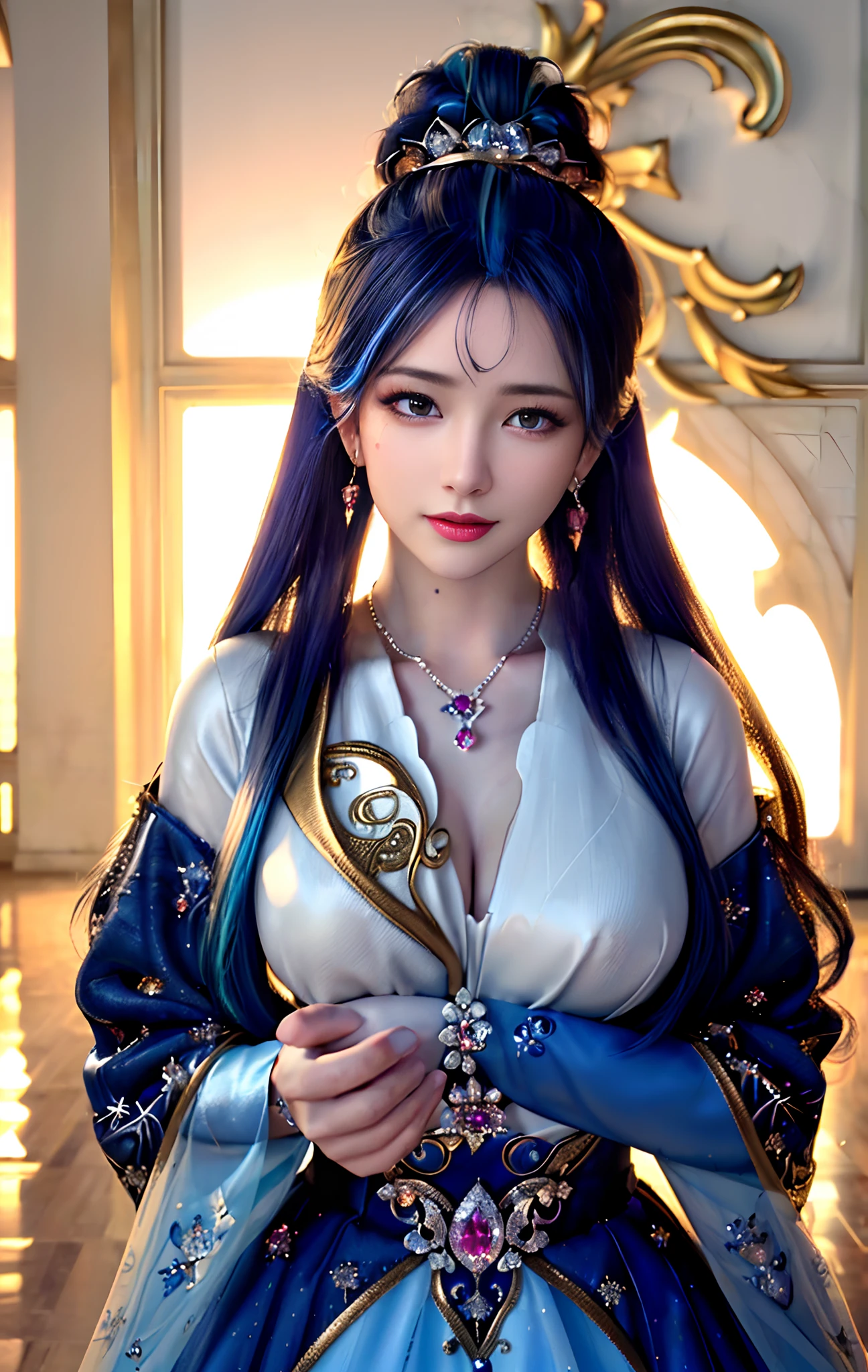 ((realisticity: 1.2)), ((realistic: 8K UHD)), ((best resolution: 8K UHD)), hyper detailed, best quality,masterpiece,highres,cg, ((1 girl hyper detailed and hyper realistic) ) , ((beautiful queen, hyper realistic and hyper detailed)),((white skin, beautiful, smooth, youthful, hyper realistic and hyper detailed )), ((Face hyper beautiful, white, hyper realistic and hyper detailed ) ), long hair, ((hyper realistic and hyper detailed dress)), solo, ((hyper realistic, hyper beautiful, beautiful and hyper detailed jewelry)), ((hyper beautiful deep red and golden yellow dress, hyper realistic and hyper detailed )) , ((Her pretty, hyper realistic, hyper detailed diamond filled earrings)), ((Her gorgeous diamond haircut, hyper realistic and hyper detailed)), ((hyper pretty upper body, hyper beautiful, hyper realistic and hyper detailed) ), ((medium breast: 1.5)), ((hyper realistic, hyper pretty, hyper detailed boobs)),   ((the backgroun of the royal palace is hyper majestic, hyper realistic and hyper detailed)),((hands and palms hyper beautiful, hyper detailed, hyper realistic)), ((hyper pretty, hyper pretty, hyper realistic and hyper detailed hair bun)), ((hyper pretty , hyper realistic and hyper detailed blue hair)), candid, Photo, high resolution, 8k , bokeh,