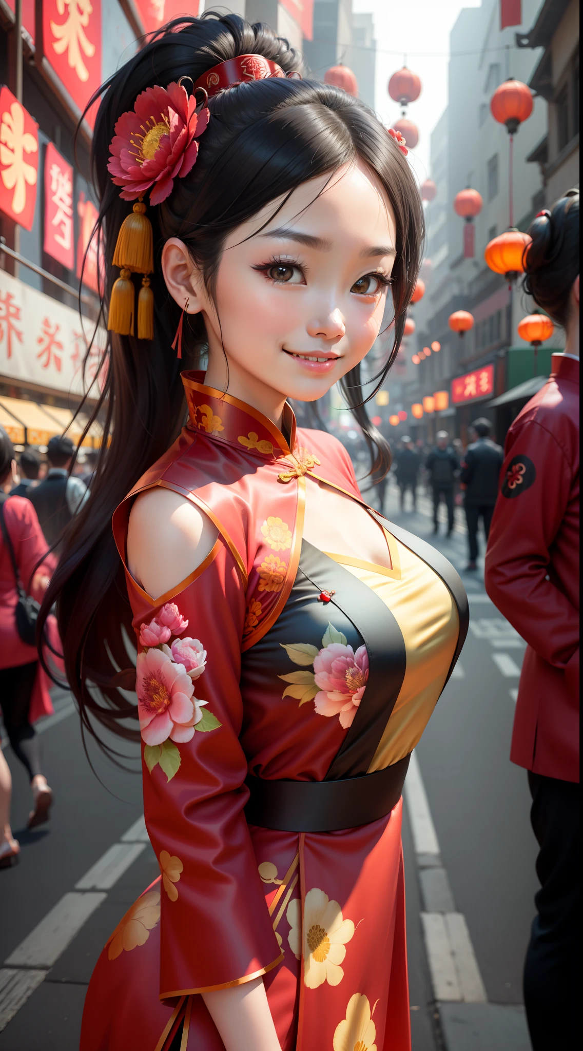 (Positive focus),best qualtiy,1个Giant Breast Girl,Very detailed faces,Red cheongsam,Black ponytail,Fringed Hair Ornament,Peony Flower Hair Ornament,ChineseGirl,Smile Expression,dynamic viewing angle,the night,Lanterns,Ancient Chinese streets,Multiple Hanfu pedestrians in the background,Award-Awarded,cowboy lens,natta,