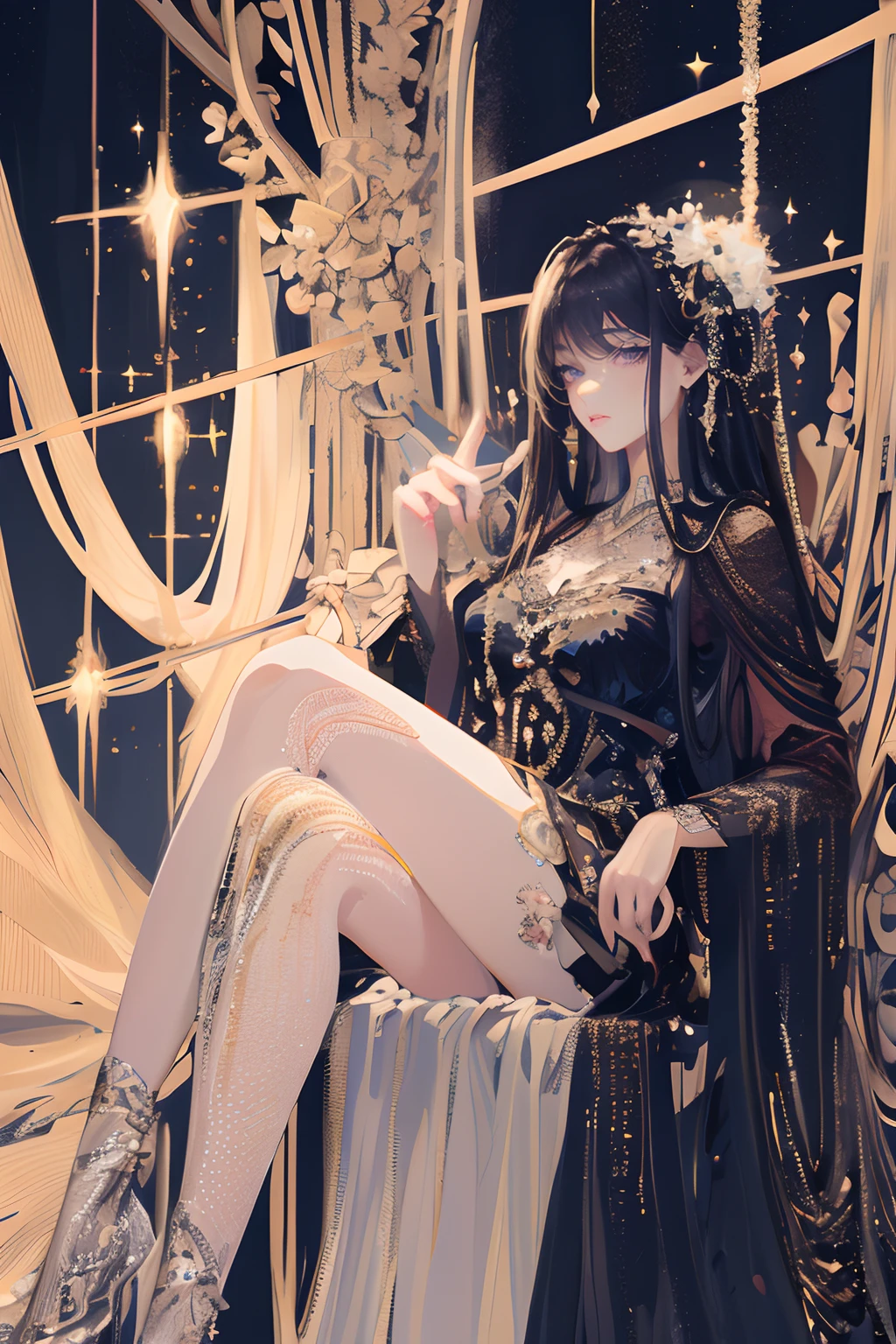 tmasterpiece,best qualtiy,highly detailed,cinmatic lighting,Ray traching,available light,cinematic compositions,CG,GameCG,bluntbangs,extremely detailed eyes and face,s the perfect face,shiny skins,largeeyes,looking at viewert,big breasts beautiful,Very long hair,UHD,8k,light grey hair,(GameCG),Pink eyeshadow,crewneck,crewneck,Big breasts corset,mediuml breasts,slimification,Oval shaped face,鎖骨, Star necklace, pink flowers that, skintight jeans,1girll,mediuml breasts, long whitr hair, By bangs, hair straight, vests, exteriors, watered eyes, butterfly hair ornaments, Star necklace, back to look back,