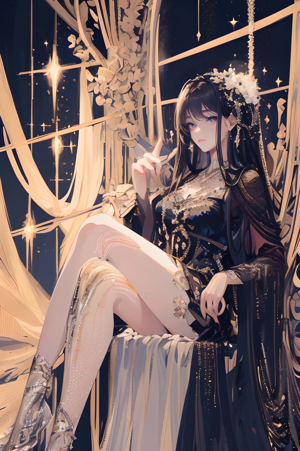 tmasterpiece，best qualtiy，highly  detailed，cinmatic lighting，Ray traching，available  light，cinematic compositions，CG，GameCG，bluntbangs，extremely detailed eyes and face，s the perfect face，shiny skins，largeeyes，looking at viewert，big breasts beautiful，Very long hair，UHD，8k，light grey hair，（GameCG），Pink eyeshadow，crewneck，crewneck，Big breasts corset，mediuml breasts，slimification，Oval shaped face，鎖骨， Star necklace， pink flowers that， skintight jeans，1girll，mediuml breasts， long whitr hair， By bangs， hair straight， vests， exteriors， watered eyes， butterfly hair ornaments， Star necklace， back to look back，