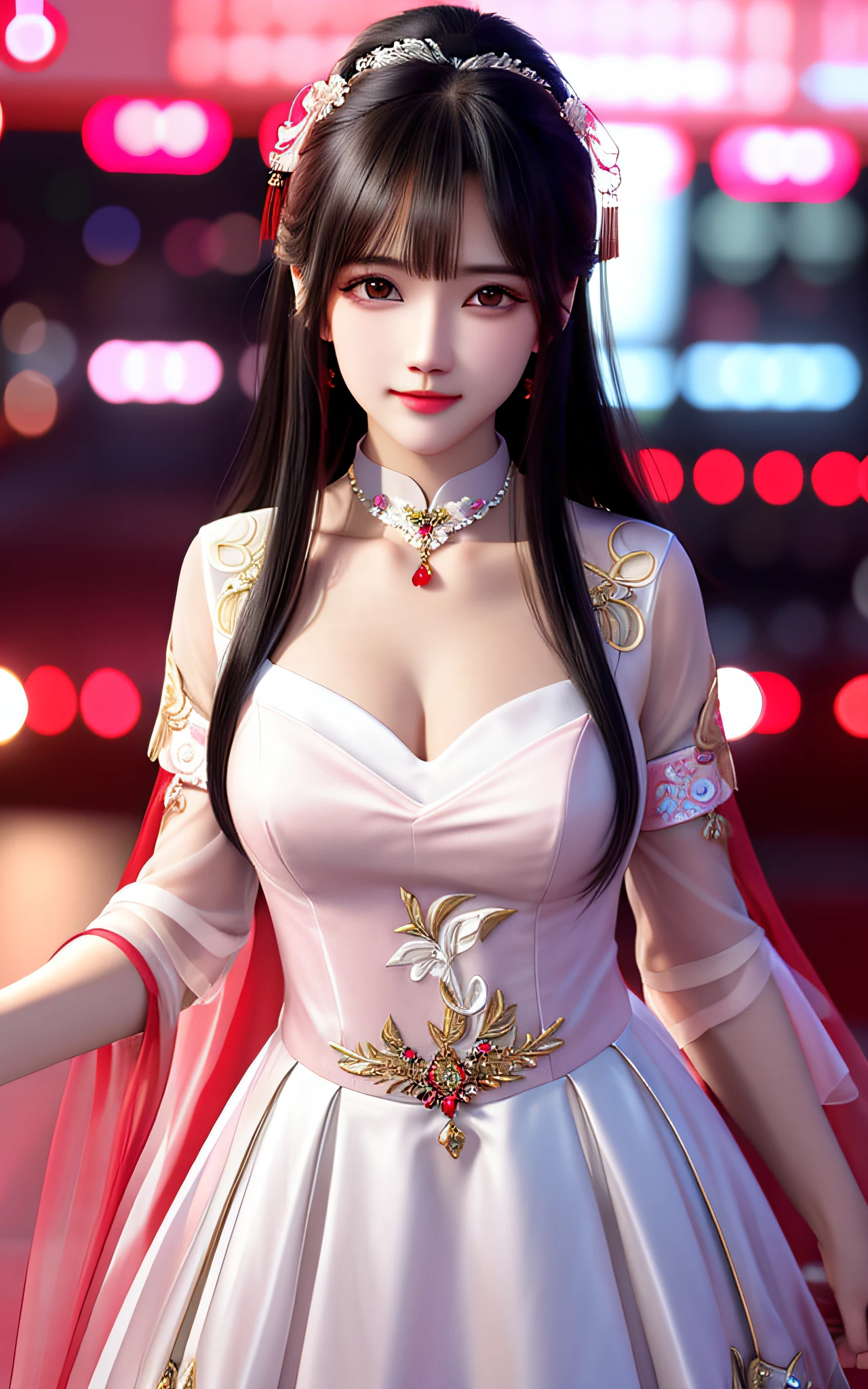 best qualtiy， tmasterpiece， A high resolution， 1girl，Chinese wedding dress，hair adornments，choker necklace，jewely，beauitful face，upon_body，Tyndall effect，realisticlying，dark studio，edge lit，twotonelighting，（highdetailskin：1.2），8k UHD，digital SLR camera，gentle illumination，high high quality，Volumetriclighting，Frankness，photore，A high resolution，4k，8k，bokeh，red theme，