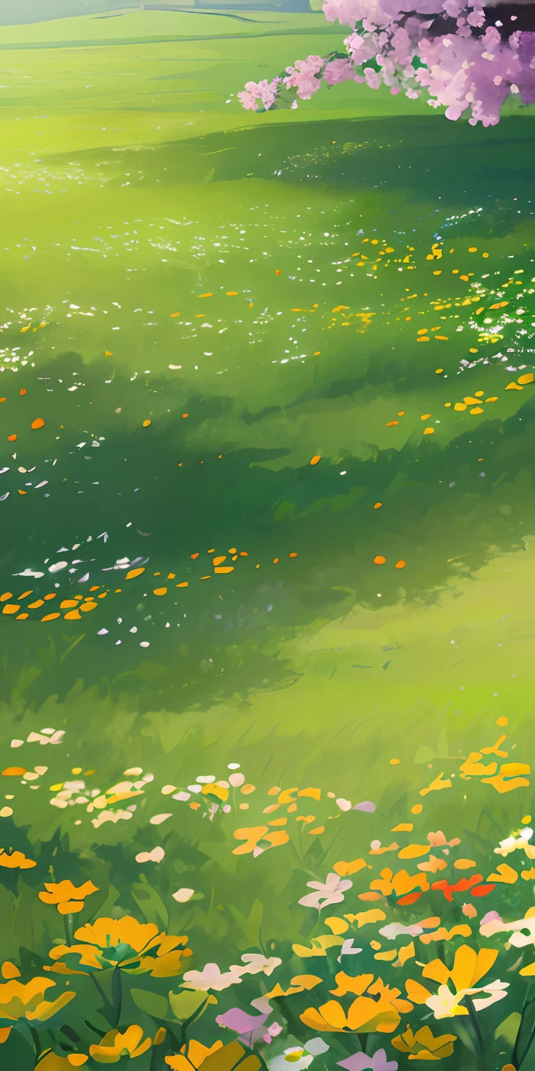 tmasterpiece,best qualtiy,(Very detailed CG unity 8k wallpaper)(best qualtiy),(Most Best Illustration),(best shadow)Nature',Green meadow,Colorful little flowers on the ground,petals of various colors fall in the air,ultra-detailliert --v6