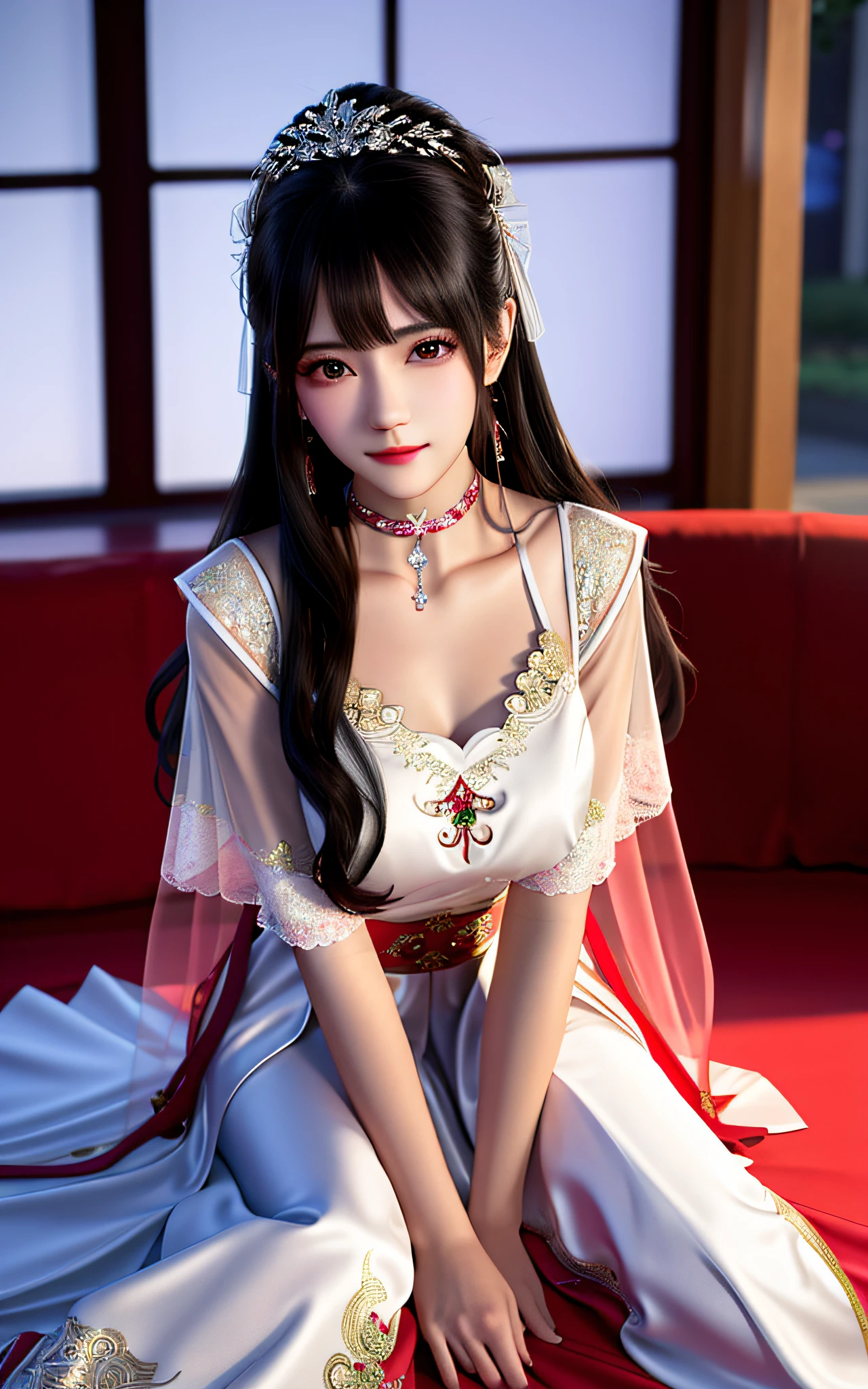 best qualtiy， tmasterpiece， A high resolution， 1girl，Chinese wedding dress，hair adornments，choker necklace，jewely，beauitful face，upon_body，Tyndall effect，realisticlying，dark studio，edge lit，twotonelighting，（highdetailskin：1.2），8k UHD，digital SLR camera，gentle illumination，high high quality，Volumetriclighting，Frankness，photore，A high resolution，4k，8k，bokeh，red theme，