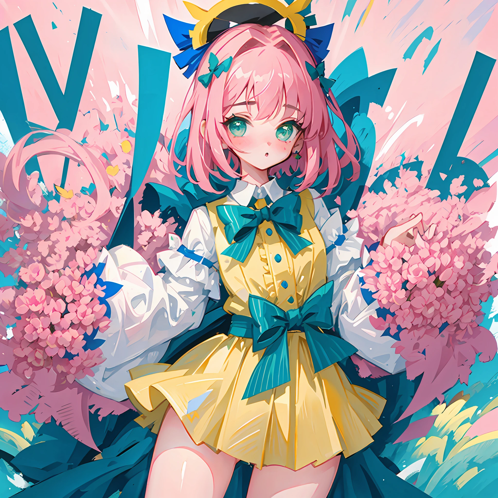 ((Best quality)),((Masterpiece)),Solo,pink short hair,Dark green eyes,He wears a large bow on his head,((blue bow)),Pink top,Short yellow skirt,looking at viewert,Blush,Blush