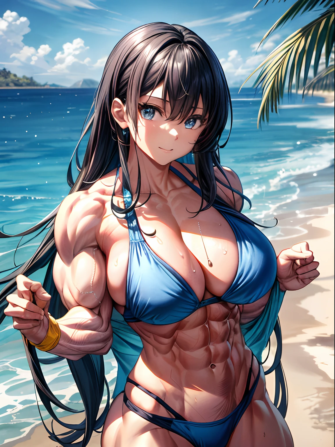 (BEST lighting) , (ultra intricately detailed) , 4K unification, (super-detailed CG: 1.2) , (8K: 1.2),(Original), (Masterpiece) , (Best quality),(Masterpiece:1.4),Anime-ish high quality,(Masterpiece),Masterpiece, Best quality, absurderes,((masterpeace, 4K, 8K, Yes, A high resolution))1girll,ssmile, She was on the beach,Go to the beach, Swimsuit bra, Spring, , Perfect figure, Very robust,Long blue hair with a shawl, Sweat, Dynamic pose, ((body builder:1.5)),Temple background,(Beautiful bace),(Girl),(Female),(((Upper body:1)))