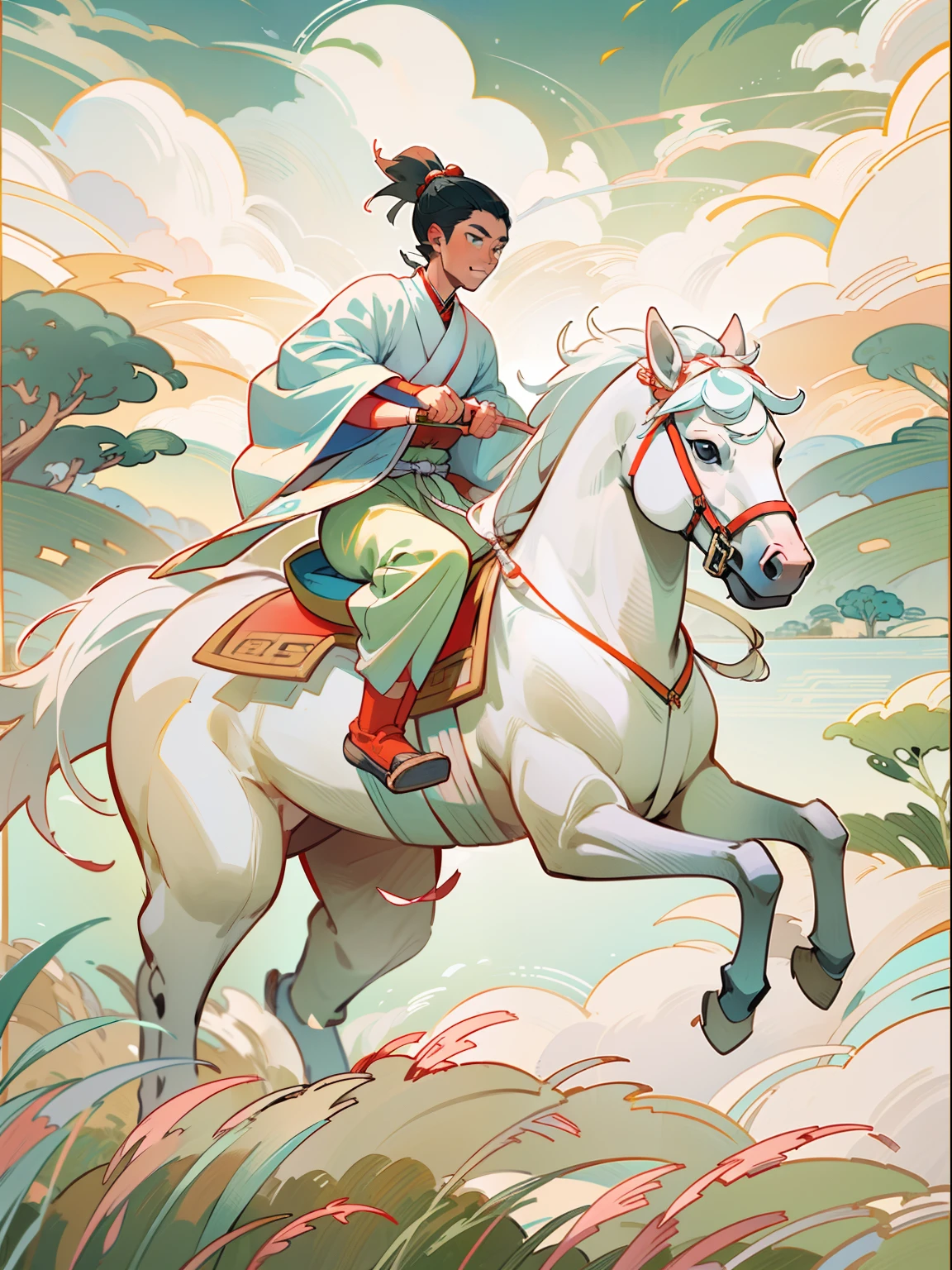 A handsome teenager, Asian people, dressed white hanfu, Riding a white horse, Race through the fields, In the distance, White clouds connect the earth, Chinese Ancient Times, Shang Dynasty, Faraway view, Masterpiece, Super detail, Award-Awarded, Best quality