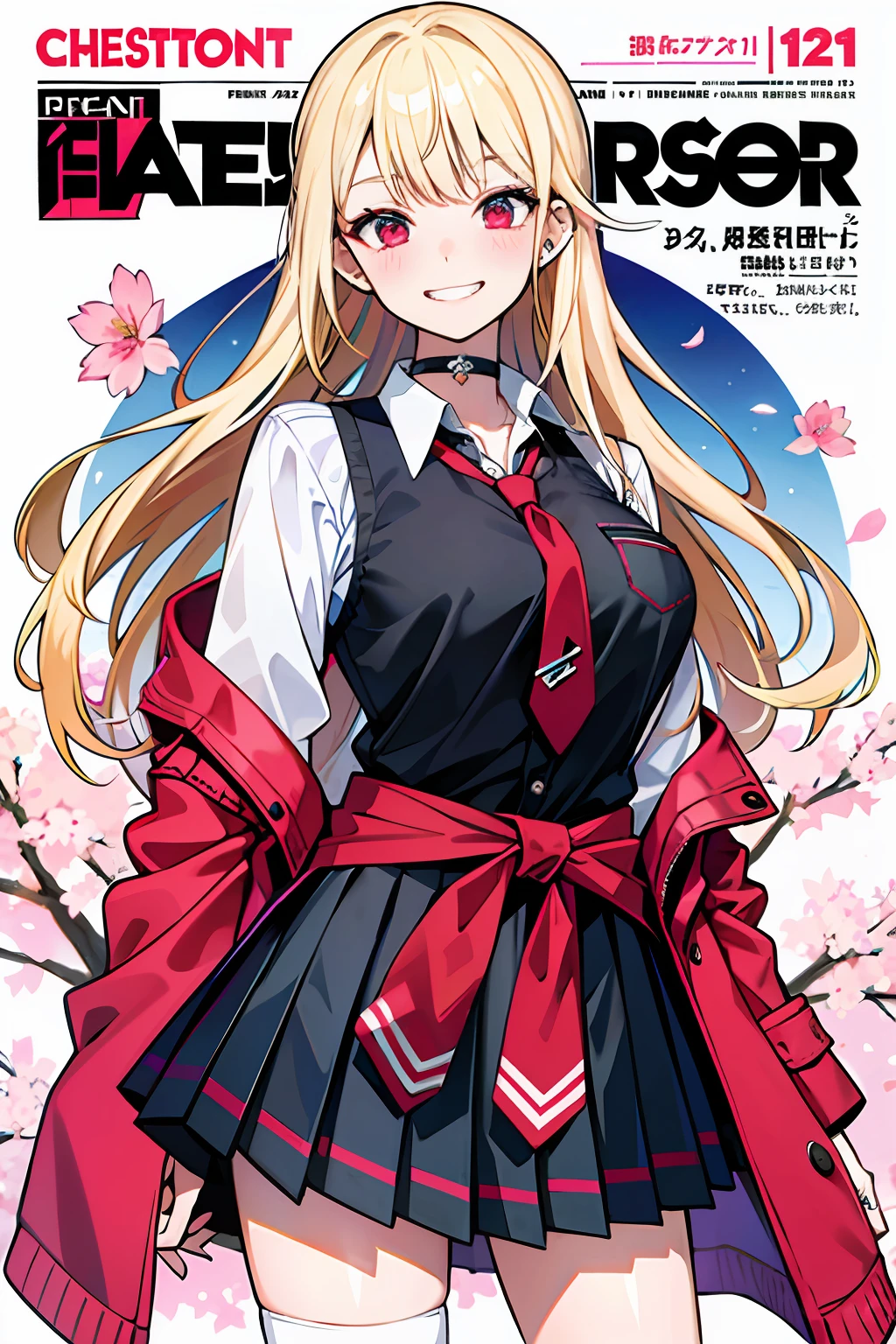 masterpiece, best quality, full body, 1girl, bangs, black choker, black necktie, blonde hair, blue skirt, blush, bracelet, breasts, choker, clothes around waist, collarbone, collared shirt, cowboy shot, dress shirt, ear piercing, eyebrows visible through hair, gradient hair, grin, gyaru, jewelry, kogal, long hair, looking at viewer, loose necktie, necktie, piercing, plaid, plaid skirt, pleated skirt, red eyes, ring, school uniform, shirt, skirt, smile, solo, white shirt, street, sky, cherry blossoms, petals,illustration, (magazine:1.3), (cover-style:1.3), fashionable, woman, vibrant, outfit, posing, front, colorful, dynamic, background, elements, confident, expression, holding, statement, accessory, majestic, coiled, around, touch, scene, text, cover, bold, attention-grabbing, title, stylish, font, catchy, headline, larger, striking, modern, trendy, focus, fashion,
