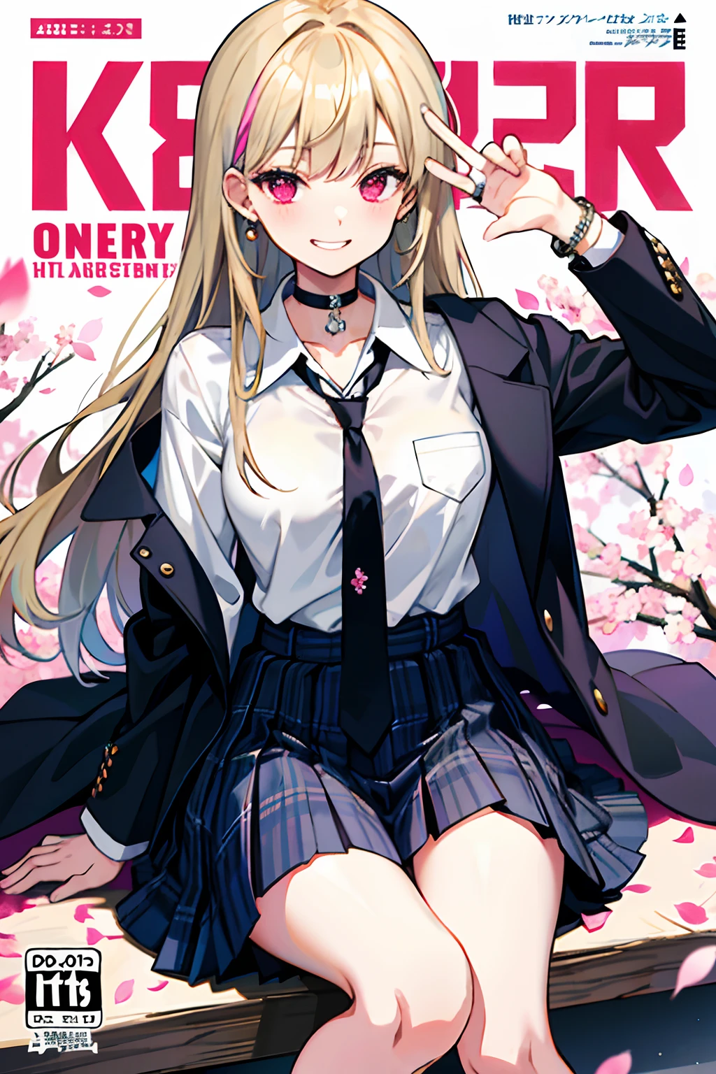 masterpiece, best quality, full body, 1girl, bangs, black choker, black necktie, blonde hair, blue skirt, blush, bracelet, breasts, choker, clothes around waist, collarbone, collared shirt, cowboy shot, dress shirt, ear piercing, eyebrows visible through hair, gradient hair, grin, gyaru, jewelry, kogal, long hair, looking at viewer, loose necktie, necktie, piercing, plaid, plaid skirt, pleated skirt, red eyes, ring, school uniform, shirt, skirt, smile, solo, white shirt, street, sky, cherry blossoms, petals,illustration, (magazine:1.3), (cover-style:1.3), fashionable, woman, vibrant, outfit, posing, front, colorful, dynamic, background, elements, confident, expression, holding, statement, accessory, majestic, coiled, around, touch, scene, text, cover, bold, attention-grabbing, title, stylish, font, catchy, headline, larger, striking, modern, trendy, focus, fashion,
