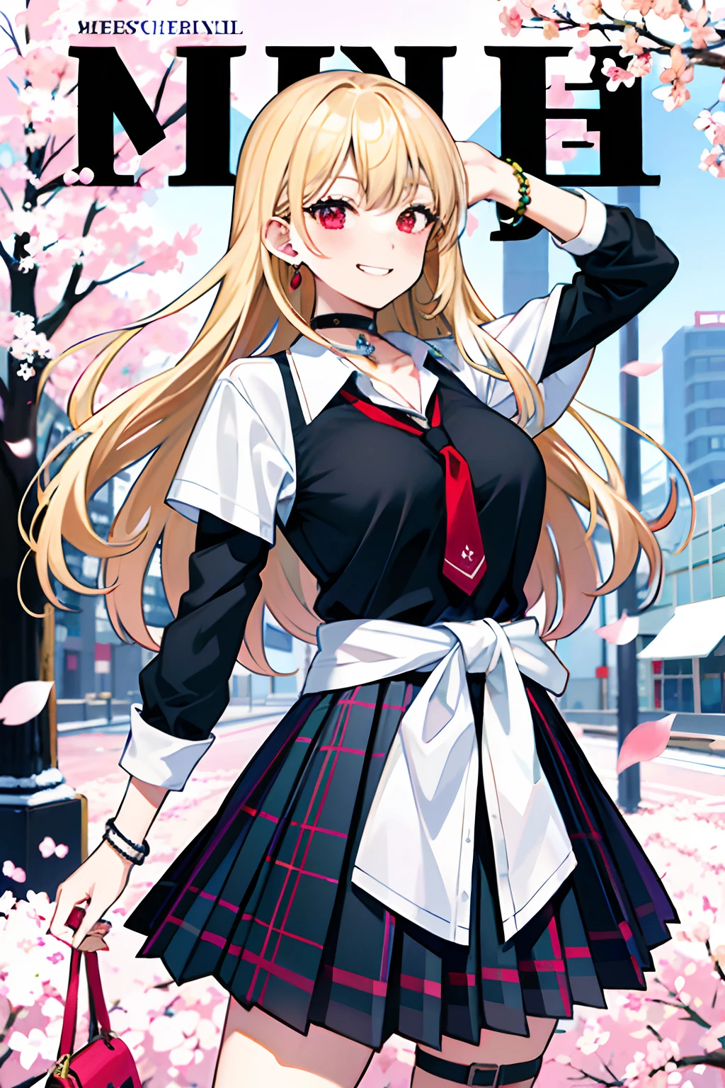 masterpiece, best quality, full body, 1girl, bangs, black choker, black necktie, blonde hair, blue skirt, blush, bracelet, breasts, choker, clothes around waist, collarbone, collared shirt, cowboy shot, dress shirt, ear piercing, eyebrows visible through hair, gradient hair, grin, gyaru, jewelry, kogal, long hair, looking at viewer, loose necktie, necktie, piercing, plaid, plaid skirt, pleated skirt, red eyes, ring, school uniform, shirt, skirt, smile, solo, white shirt, street, sky, cherry blossoms, petals,illustration, (magazine:1.3), (cover-style:1.3), fashionable, woman, vibrant, outfit, posing, front, colorful, dynamic, background, elements, confident, expression, holding, statement, accessory, majestic, coiled, around, touch, scene, text, cover, bold, attention-grabbing, title, stylish, font, catchy, headline, larger, striking, modern, trendy, focus, fashion,