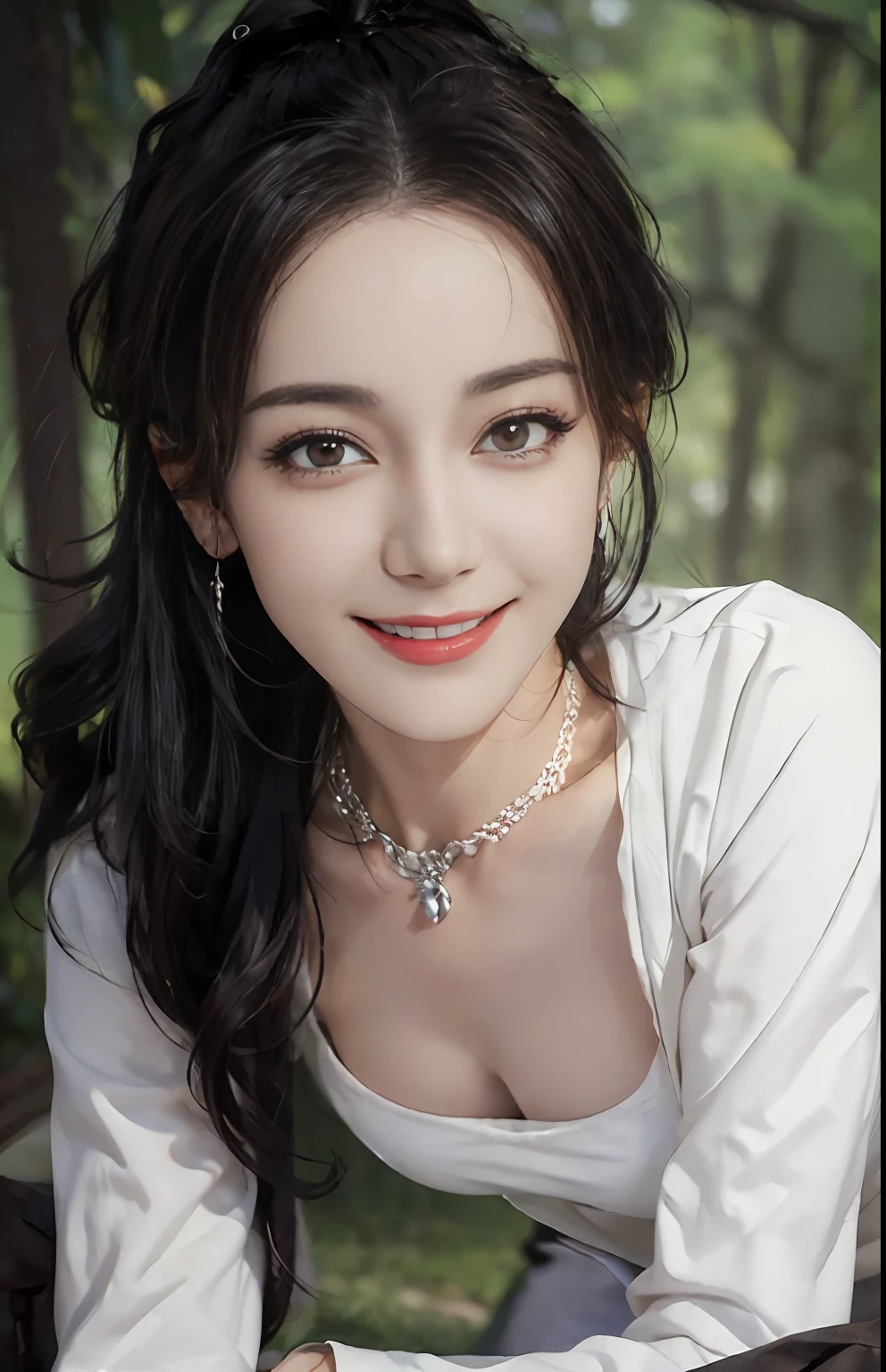 (Ultra Realistic), (Illustration), (High Resolution), (8K), (Very Detailed), (Best Illustration), (Beautiful and Detailed Eyes), (Best Quality), (Ultra Detailed), (Masterpiece), (Wallpaper), (Detailed Face), One Girl, Look Front, Fine Details, Detailed Face, Low Key, pureerosfaceace_v1, Dark Eyeliner, Bangs, Big, (Best Quality, 8k, 32K, Masterpiece) 1gril, brown ponytail, large breasts, (detailed white loose shirt: 1.5), shorts, cleavage, shirt with white collar, necklace, (detailed lace bra: 1.1), (slouch: 1.8), smile, get on all fours, look down,