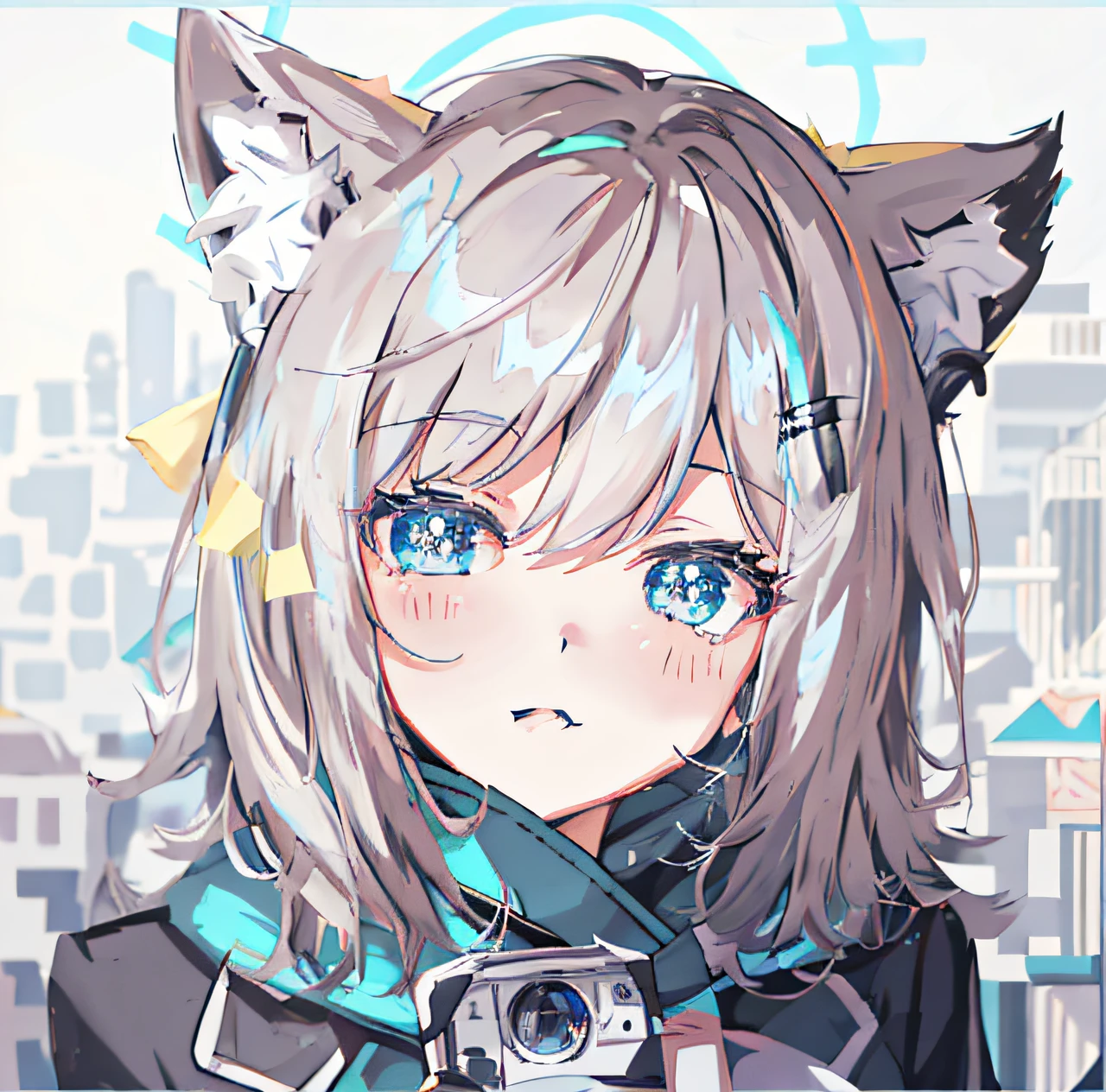 Anime girl with camera and cat ears in front of the city, From Arknights, anime catgirl, beautiful anime catgirl, anime moe art style, cute anime catgirl, style of anime4 K, Anime style. 8K, ig studios anime style, Anime style portrait, Holo is a wolf girl, anime girl with cat ears, cat woman, anime cat