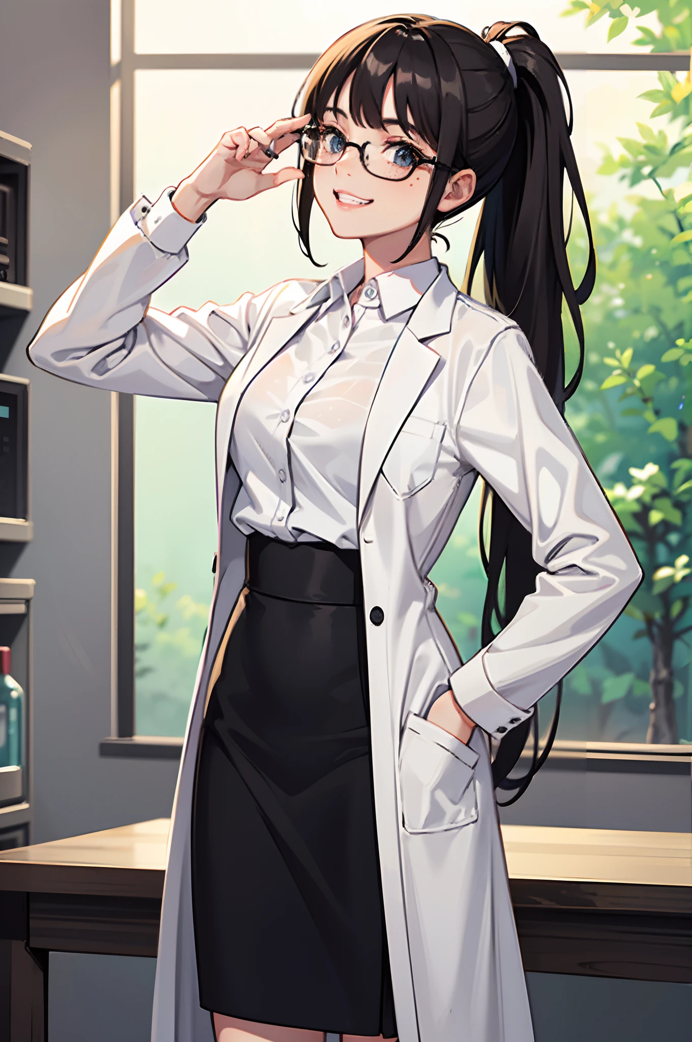 1girl, solo, scientist, mad scientist, white lab coat, pencil skirt, shoes, dress shirt, glasses, black hair, ponytail, long hair, hazel eyes, freckles, scheming pose, professional, laboratory backdrop, cowboy shot, bunker, evil grin