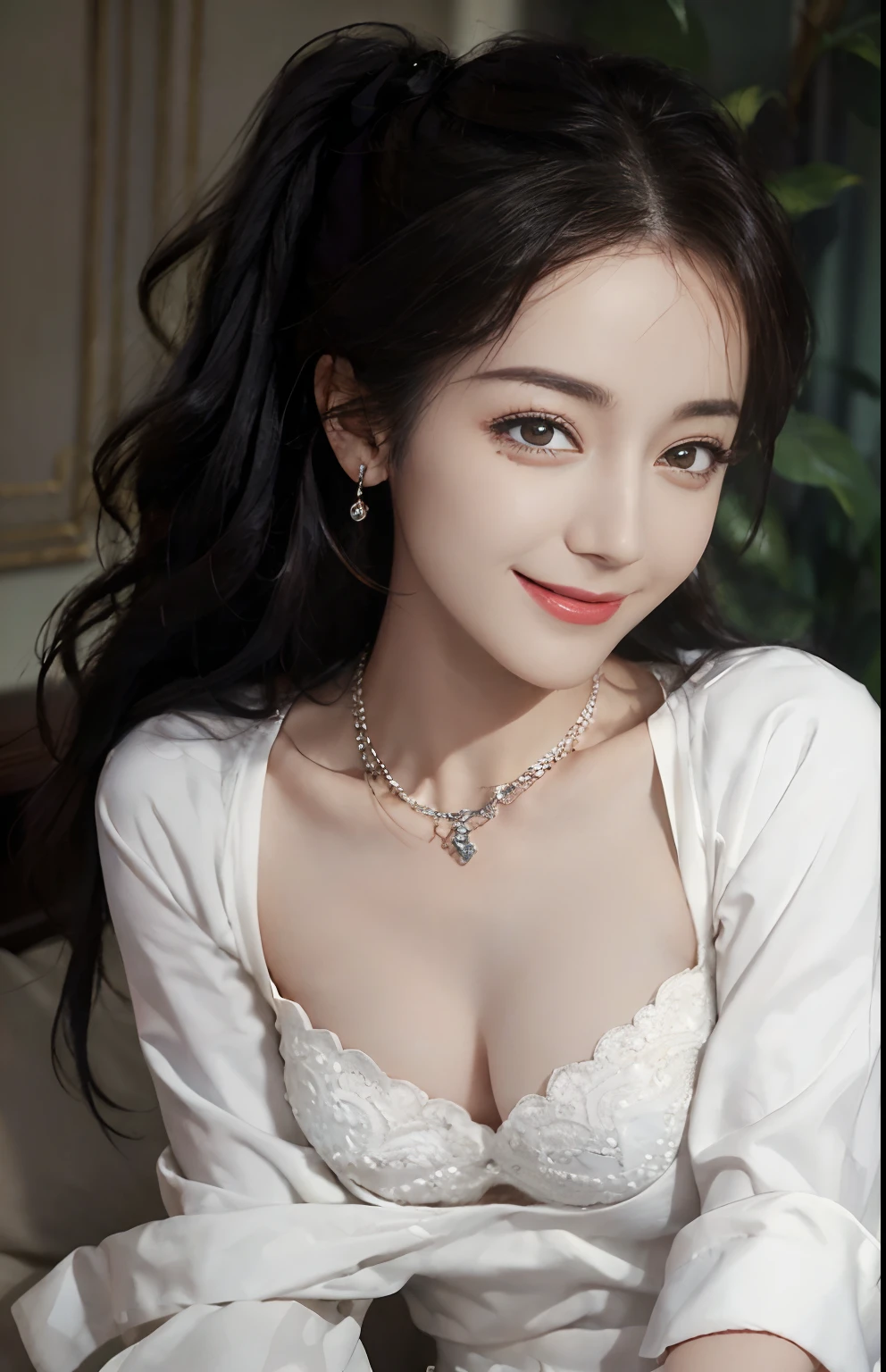 (Ultra Realistic), (Illustration), (High Resolution), (8K), (Very Detailed), (Best Illustration), (Beautiful and Detailed Eyes), (Best Quality), (Ultra Detailed), (Masterpiece), (Wallpaper), (Detailed Face), One Girl, Look Front, Fine Details, Detailed Face, Low Key, pureerosfaceace_v1, Dark Eyeliner, Bangs, Big, (Best Quality, 8k, 32K, Masterpiece) 1gril, brown ponytail, large breasts, (detailed white loose shirt: 1.5), shorts, cleavage, shirt with white collar, necklace, (detailed lace bra: 1.1), (slouch: 1.8), smile, get on all fours, look down,