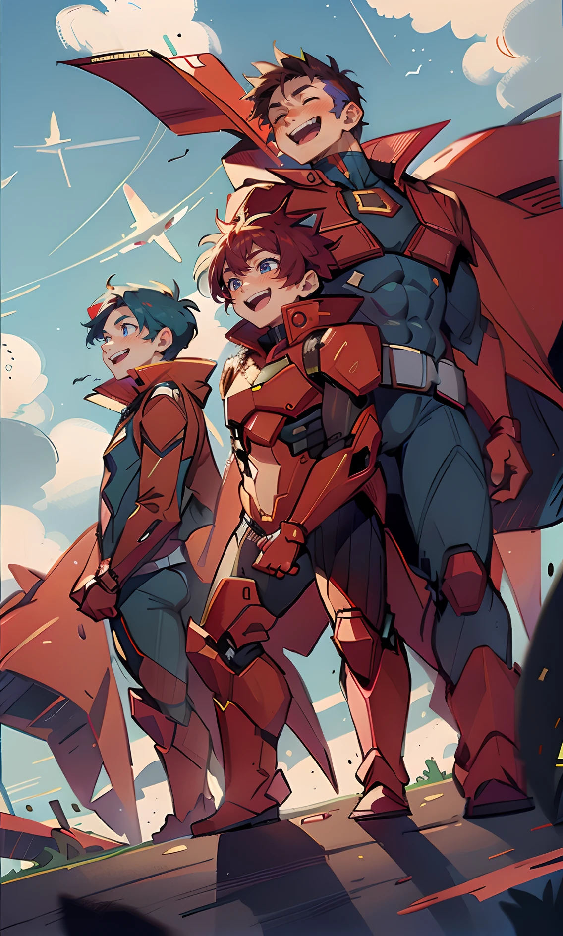 Three people:(The man on the left:blue hair,Handsome and dashing,Wearing a red mech,happy laughing,)(The man in the middle:Red-haired handsome,handsome and dashing,Wearing a fuchsia mech,There is armor on the belly,)(The man on the right,brunette color hair,Handsome,A relieved smile,Have a strong figure,Wearing a red-black mech,)(best illuminate,Best shadow,)The picture atmosphere is good,Fly in the sky,Pink sky purple red,