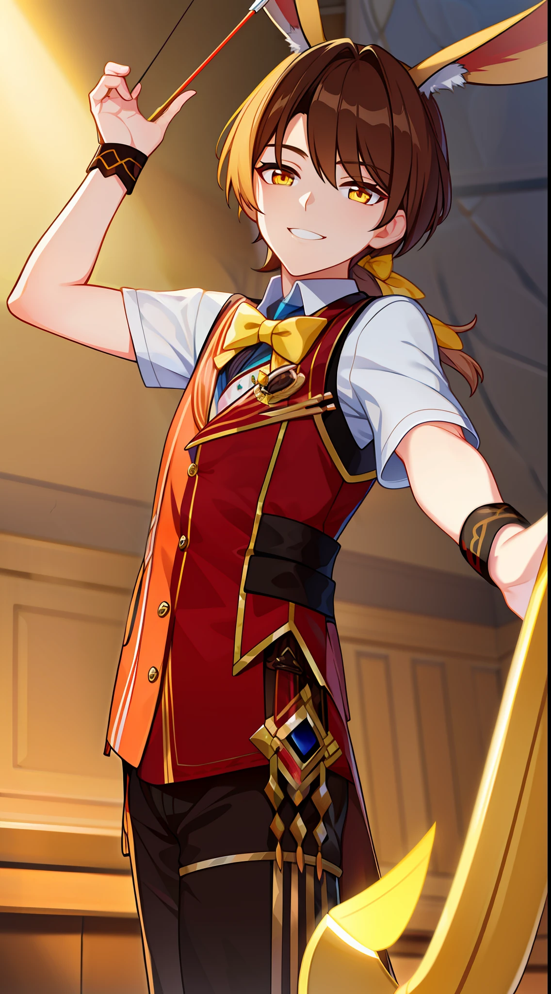 Young guy, Brown hair with blonde strands, Yellow eyes, brown rabbit ears, Smile, Bow and arrow, Masterpiece, hiquality