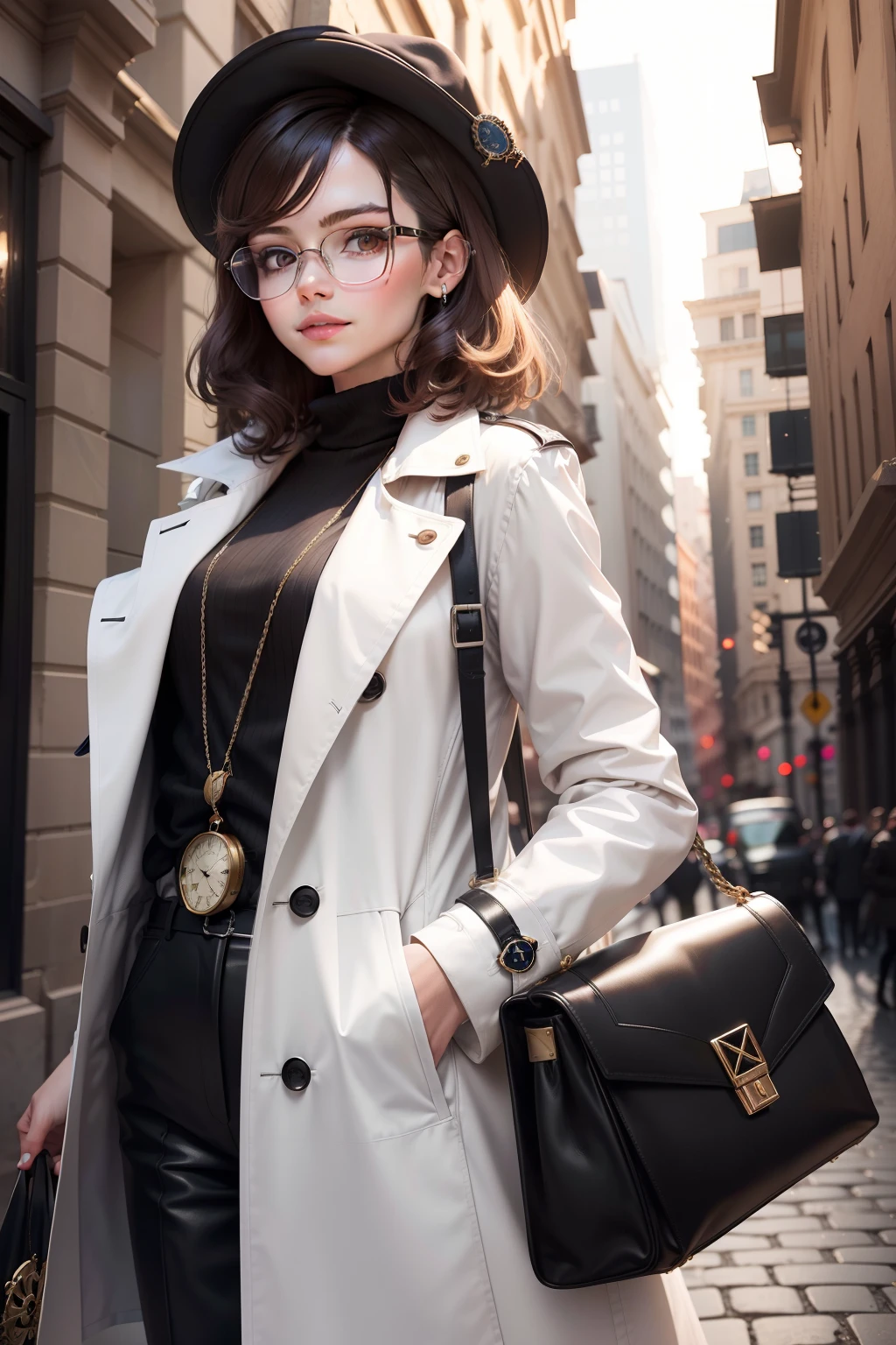 tmasterpiece),(best qualtiy),(exquisite detailing),brunette color hair,Broken hair,short detailed hair,The hair is shaped like a spider,man,Black round frame glasses,ssmile,Squint,White trench coat,There is a huge spider phantom behind it,Put one hand in your pocket,The other hand holds the eye,Wearing a pocket watch