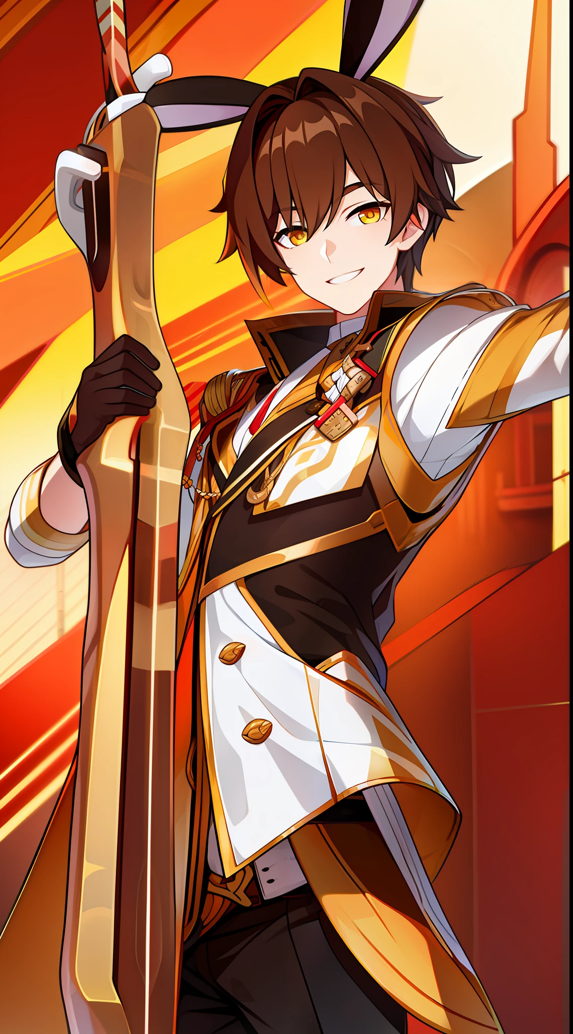 Young guy, Brown hair with blonde strands, Yellow eyes, brown rabbit ears, Smile, Bow and arrow, Masterpiece, hiquality