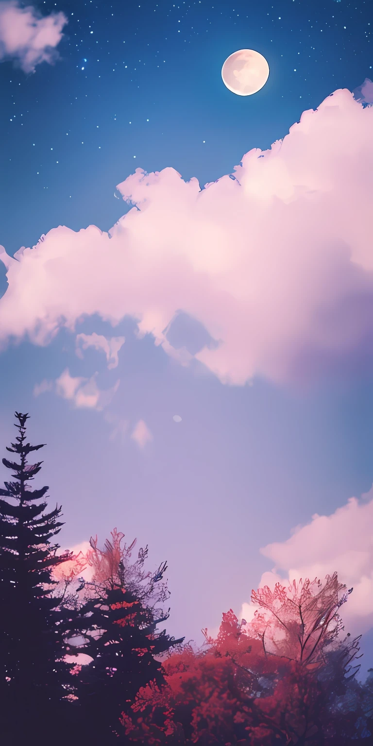 Dreamy moon,Dreamy sky,Pastel colored clouds,Dreamy woods,Dreamy petals,fanciful,kosmos,gentlesoftlighting,