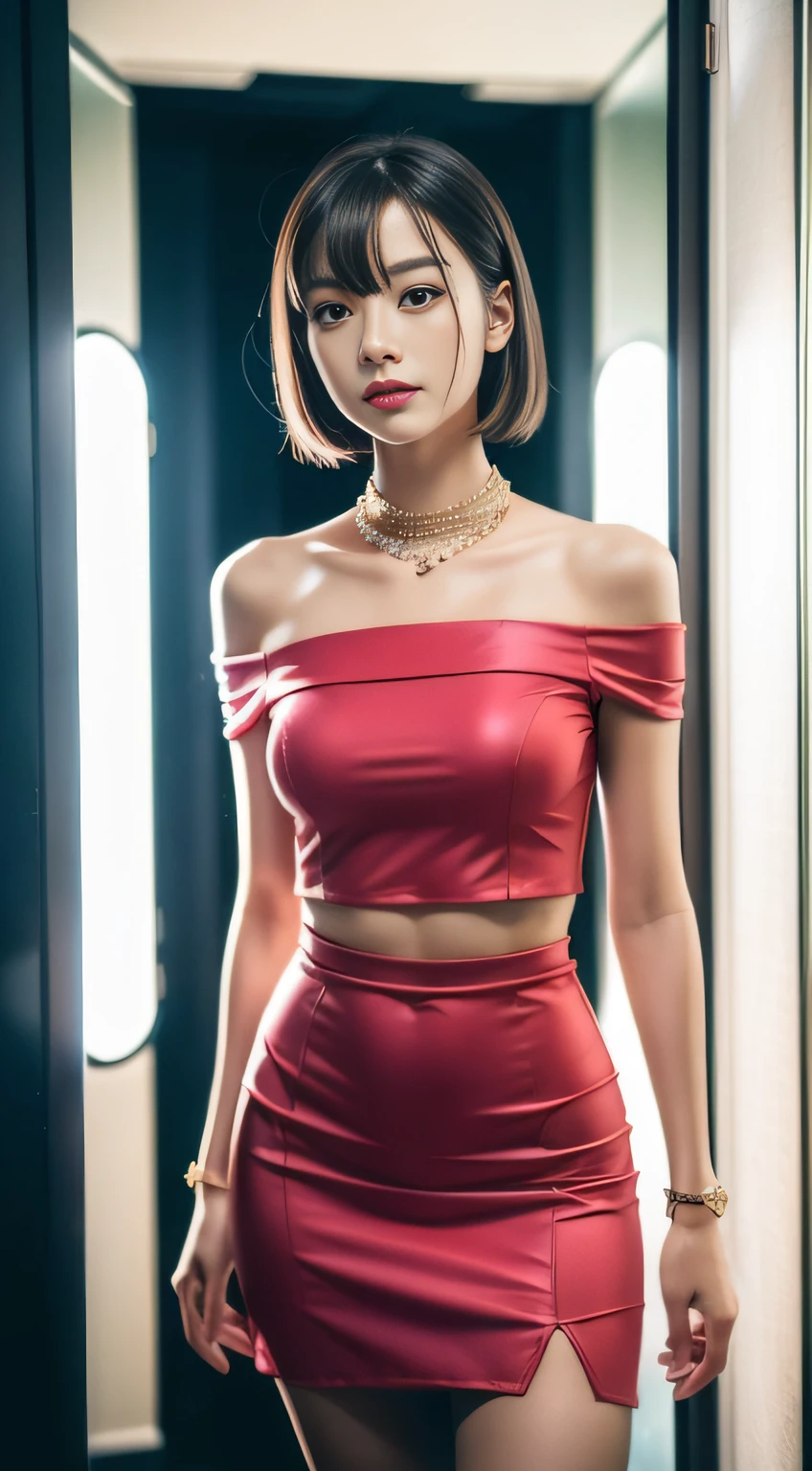 (8K分辨率,Mirror selfie photos,photorealestic),(1 female,20yr old,(Sakai Izumi's facial features:1.4,Face with thin bones,s delicate face),com rosto detalhado,(Delicate light makeup),Beautiful face,com rosto detalhado,详细的脸,Ultra-fine makeup,Black colored eyes,(Look into the camera),short detailed hair,(Messy has layers),Redlip,Fair smooth skin,(Best Skin Type:1.21),(Off-the-shoulder T-shirt,Short skirts for students,(materpiece:terylene,Lycra cotton,elasticity),((Gorgeous phone case,rhinestones,The shape is prominent)),Hats,choker necklace,high-heels),Tall and tall,perfect hand,Perfect for selfies,Ultra-fine clothing material),(浴室,Exquisite bedroom details,(Floor-to-ceiling mirrors,vanity table)),(narcissistic,rejoice),(Light assist,profesional lighting),(Cute and lively,(vibrant with colors,(purpleish color,blue colors,in pink))),(Golden section,Cinema lenses,Hasselblad photograp,tmasterpiece:1.3),(adolable,Raised sexy,Take a selfie at home,Artis,Live streaming platform)
