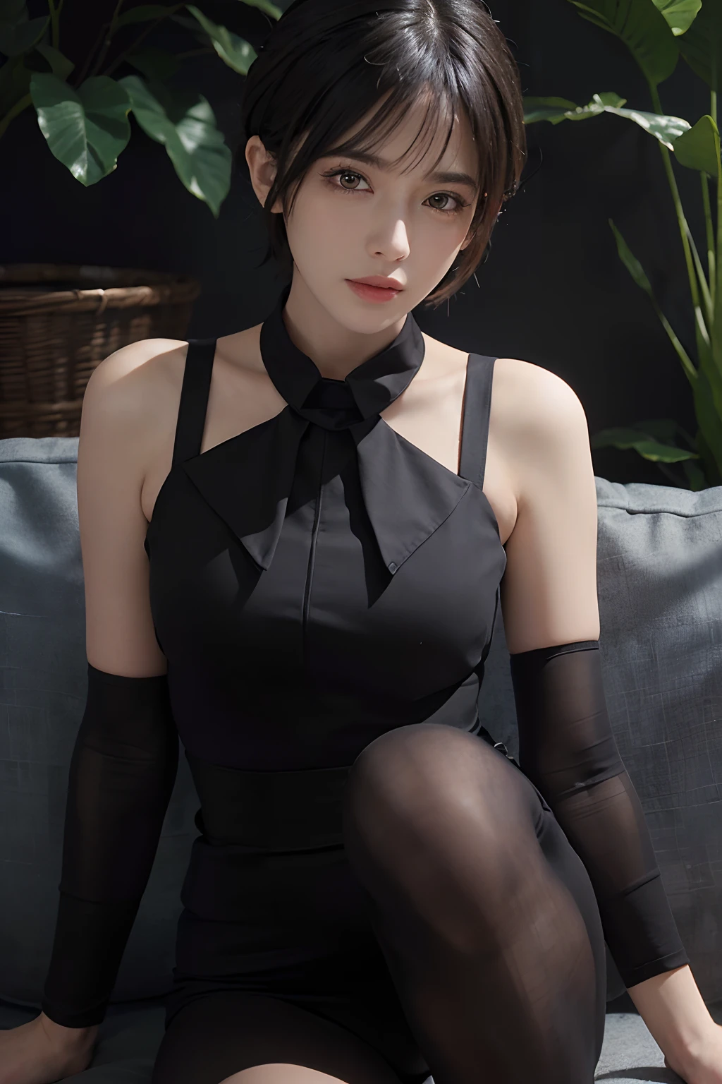 (masterpiece:1.3), (8k, photorealistic, RAW photo, best quality: 1.4), (1girl), beautiful face, (realistic face), (black hair, short hair:1.3), 18 year old face，Melon seed face，full bodyesbian，Long legs，blackstockings，Nice hairstyle，photorealistic eye，Nice detail eyes，（Realistic skin），Beautiful skins，absurd res，enticing，超高分辨率，Ultra photo realsisim，The is very detailed，the golden ratio