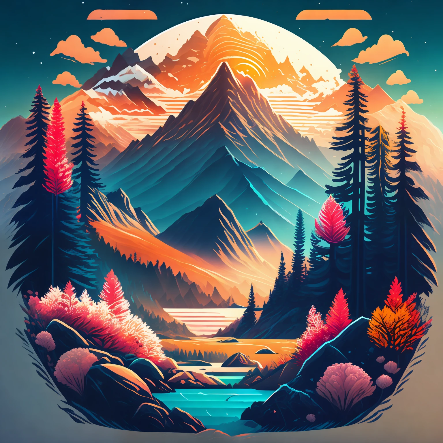 A forest in a summer landscape mountains and flowers, T-shirt design, midjourney, vector art, hydro74