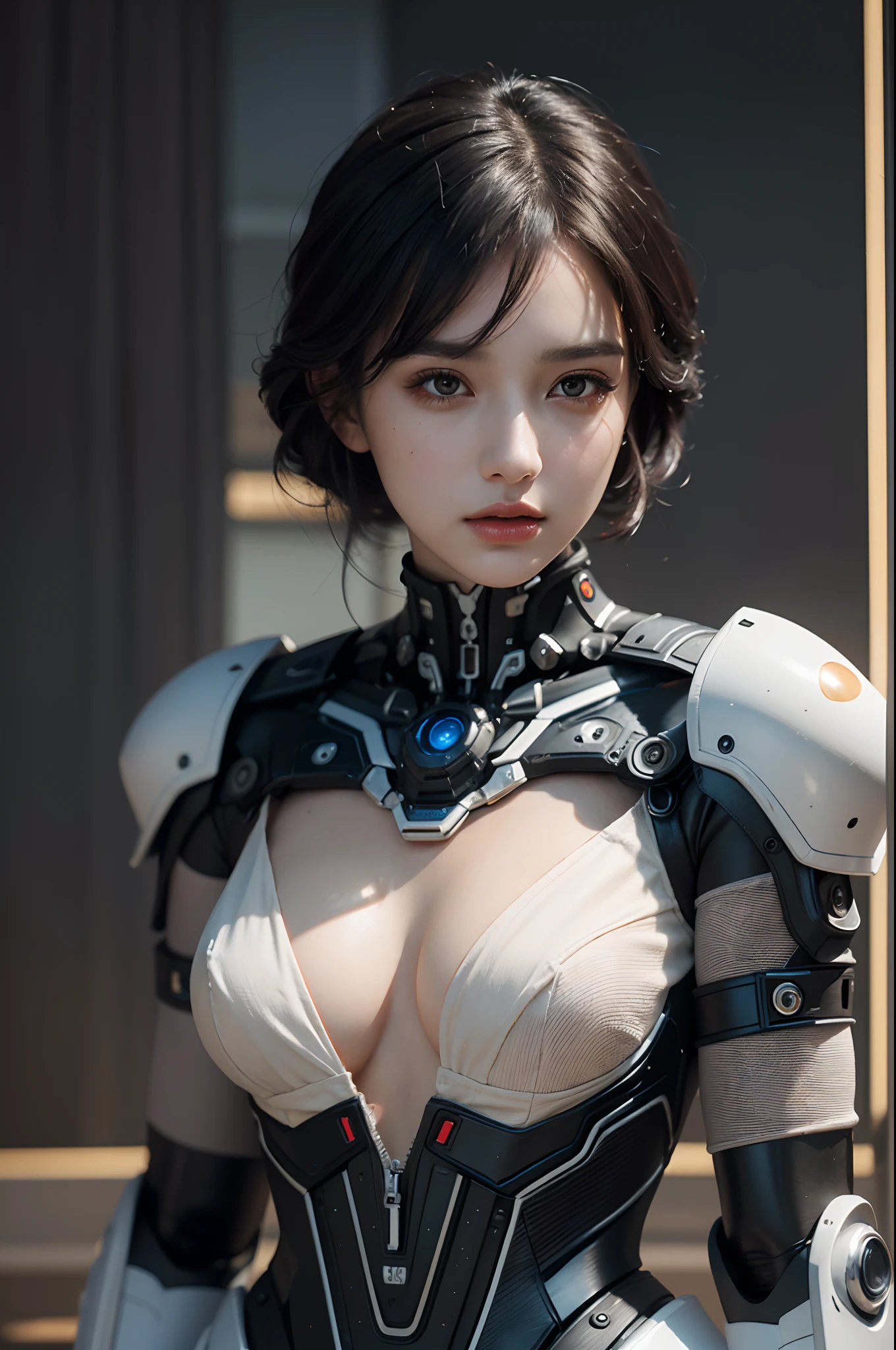 ((Masterpiece))), ((Best Quality))), ((Ultra Detailed)), (Ultra Real), (Highly Detailed CG Illustration), Cinematic Light, Realistic, Very Beautiful Young Lady, (Beautiful Face and Lips), Intricate Details, Full View, Weapon, Robotic Arm, Cinematic Quality, Full Body, Short Black Hair