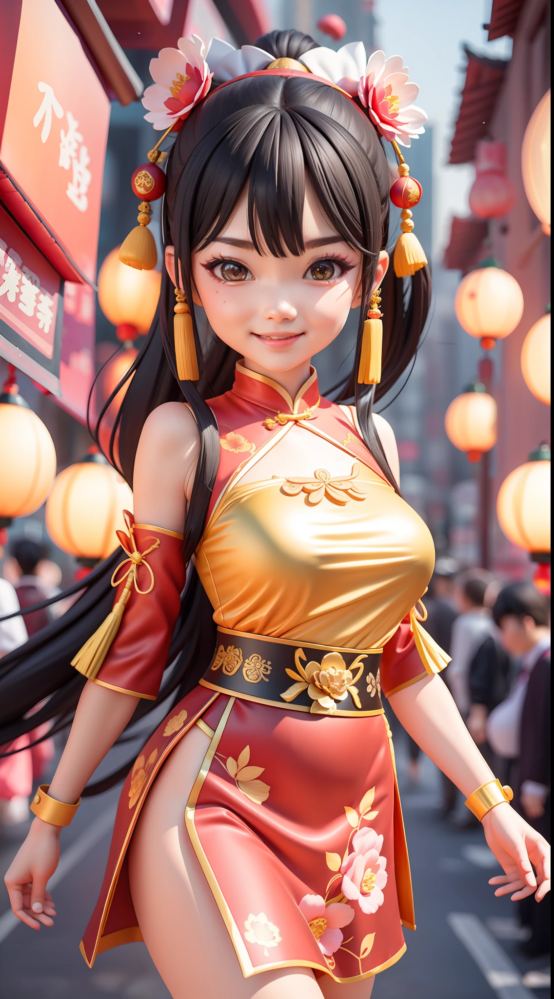 （Positive focus），best qualtiy，1个Giant Breast Girl，Very detailed faces，Red cheongsam，Black ponytail，Fringed Hair Ornament，Peony Flower Hair Ornament，ChineseGirl，Smile Expression，dynamic viewing angle，the night，Lanterns，Ancient Chinese streets，Multiple Hanfu pedestrians in the background，Award-Awarded，cowboy lens，natta，