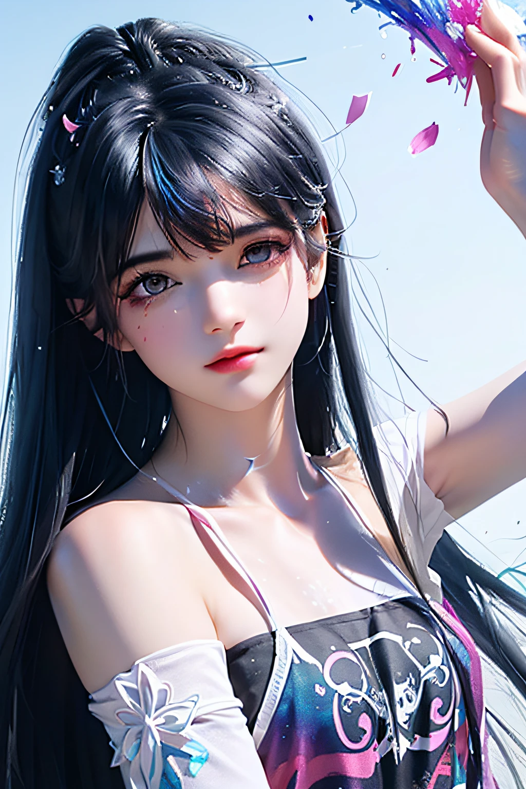 (Pink fashion T-shirt: 1.9), (Colorful hair: 1.8), (Rainbow all colors: 1.8), (((Vertical painting: 1.6))), (Painting: 1.6), Front, manga, illustration, painting, big eyes, crystal clear, (rainbow gradient high ponytail: 1.7), delicate makeup, shut up, (small freshness: 1.5), (bandeau: 1.6), long eyelashes, white off-the-shoulder T- shirt, White Shoulder Shirt, looking at the audience, Big watery eyes, (rainbow hair: 1.6), color splash, (solo:1.8), color splash, color explosion, colour splash, color explosion, thick lacquer style, messy lines, ((shining)), (colorful), (colorful), (colorful), colorful, Thick Paint Style, (Splash) (Color Splash), Vertical Painting, Upper Body, Paint Splash, Acrylic Pigment, Gradient, Paint, Highest Image Quality, Masterpiece, Solo, Depth of Field, Face Paint, colorful clothes, (elegance: 1.2), gorgeous, long hair, wind, (elegance: 1.3), (petals: 1.4), ((masterpiece))), ((best quality))), (ultra-detailed), (illustration), (dynamic angle), (floating), (paint), ((loose hair)), (solo), (1girl), ( ( ( detailed anima face))), (( Beautiful detailed face)), collar, exposed shoulders, white hair, ((colored hair)), ((striped hair)), beautiful detailed eyes, (gradient eyes), (colored eyes))), (colored background))), (high saturation))), ((surrounded by colorful splashes))),