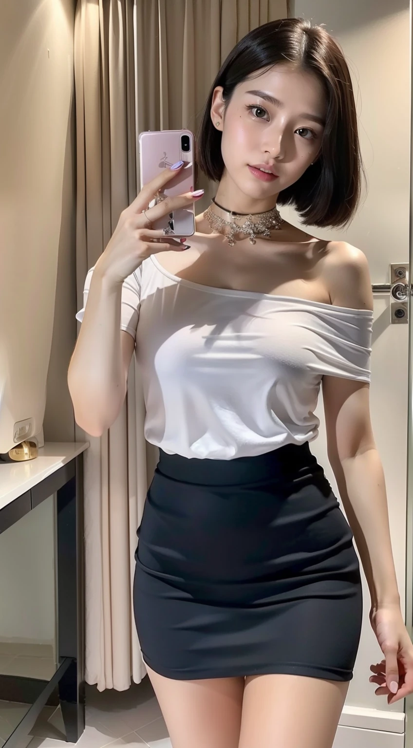 (8K分辨率,Mirror selfie photos,photorealestic),(1 female,20yr old,(Sakai Izumi's facial features:1.4,Face with thin bones,s delicate face),com rosto detalhado,(Delicate light makeup),Beautiful face,com rosto detalhado,详细的脸,Ultra-fine makeup,Black colored eyes,(Look into the camera),short detailed hair,(Messy has layers),Redlip,Fair smooth skin,(Best Skin Type:1.21),(Off-the-shoulder T-shirt,Short skirts for students,(materpiece:terylene,Lycra cotton,elasticity),((Gorgeous phone case,rhinestones,The shape is prominent)),Hats,choker necklace,high-heels),Tall and tall,perfect hand,Perfect for selfies,Ultra-fine clothing material),(浴室,Exquisite bedroom details,(Floor-to-ceiling mirrors,vanity table)),(narcissistic,rejoice),(Light assist,profesional lighting),(Cute and lively,(vibrant with colors,(purpleish color,blue colors,in pink))),(Golden section,Cinema lenses,Hasselblad photograp,tmasterpiece:1.3),(adolable,Raised sexy,Take a selfie at home,Artis,Live streaming platform)