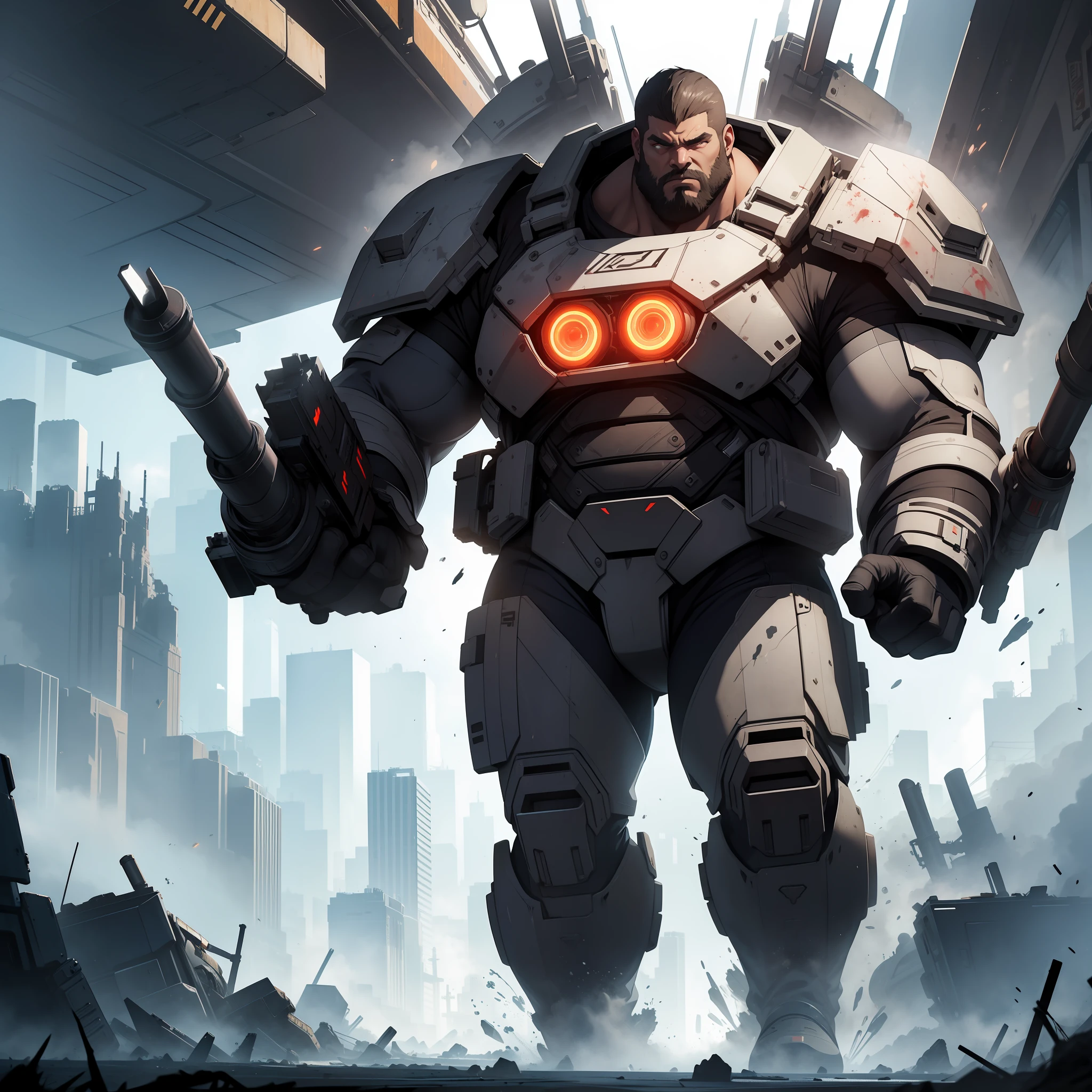 Large men, Augmenting the body with many machines, Rocket launcher hands, glaring eyes, Fantasyart, full-body view, Splatter Watercolor, simple background, in 8K, masutepiece, Best Quality,