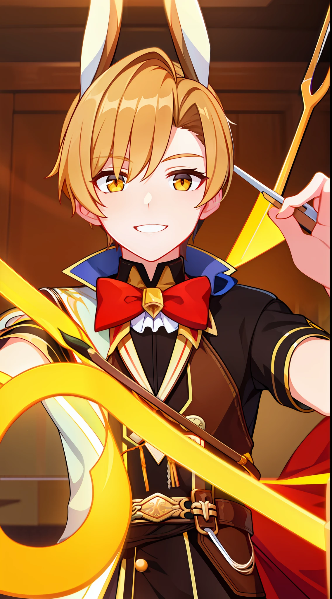 Young guy, Brown hair with blonde strands, Yellow eyes, brown rabbit ears, Smile, Bow and arrow, Masterpiece, hiquality