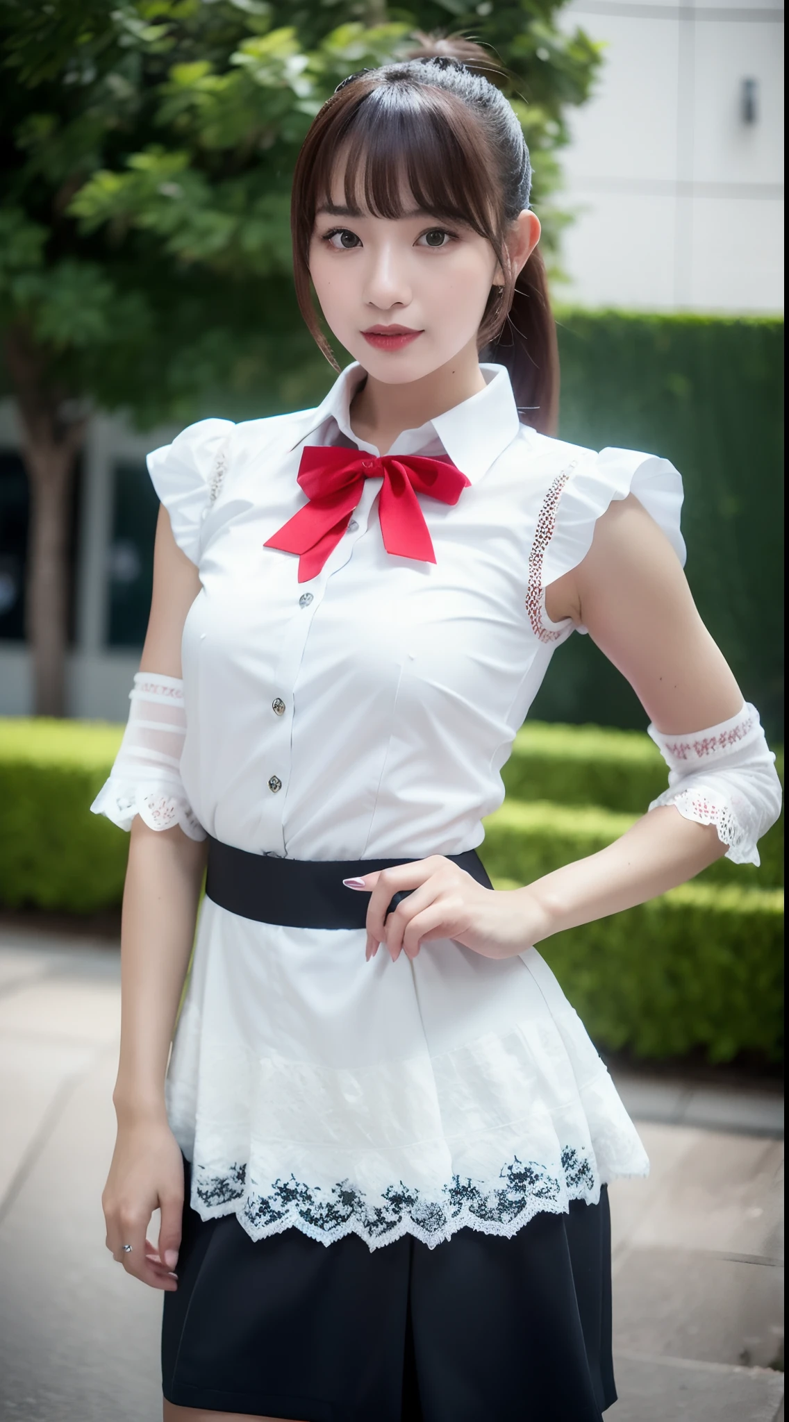 (UHD, masterpiece, super detail, high quality, 8k, 4K, highres), 1 girl, solo, 20years old, Perfect Body Beauty: 1.4, Slim Abs: 1.1, (medium hair, ponytail, blunt bangs, flat chest), makeup, red lips, beautiful detailed eyes, brown eyes, big beady eyes, round eyes, large nose, accurate Fingers, extremely detailed fingers, (white shirt, collared shirt, lace, mini skirt: 1.2, detached sleeves), cowboy shot, Canon, 85mm, f/1.8,