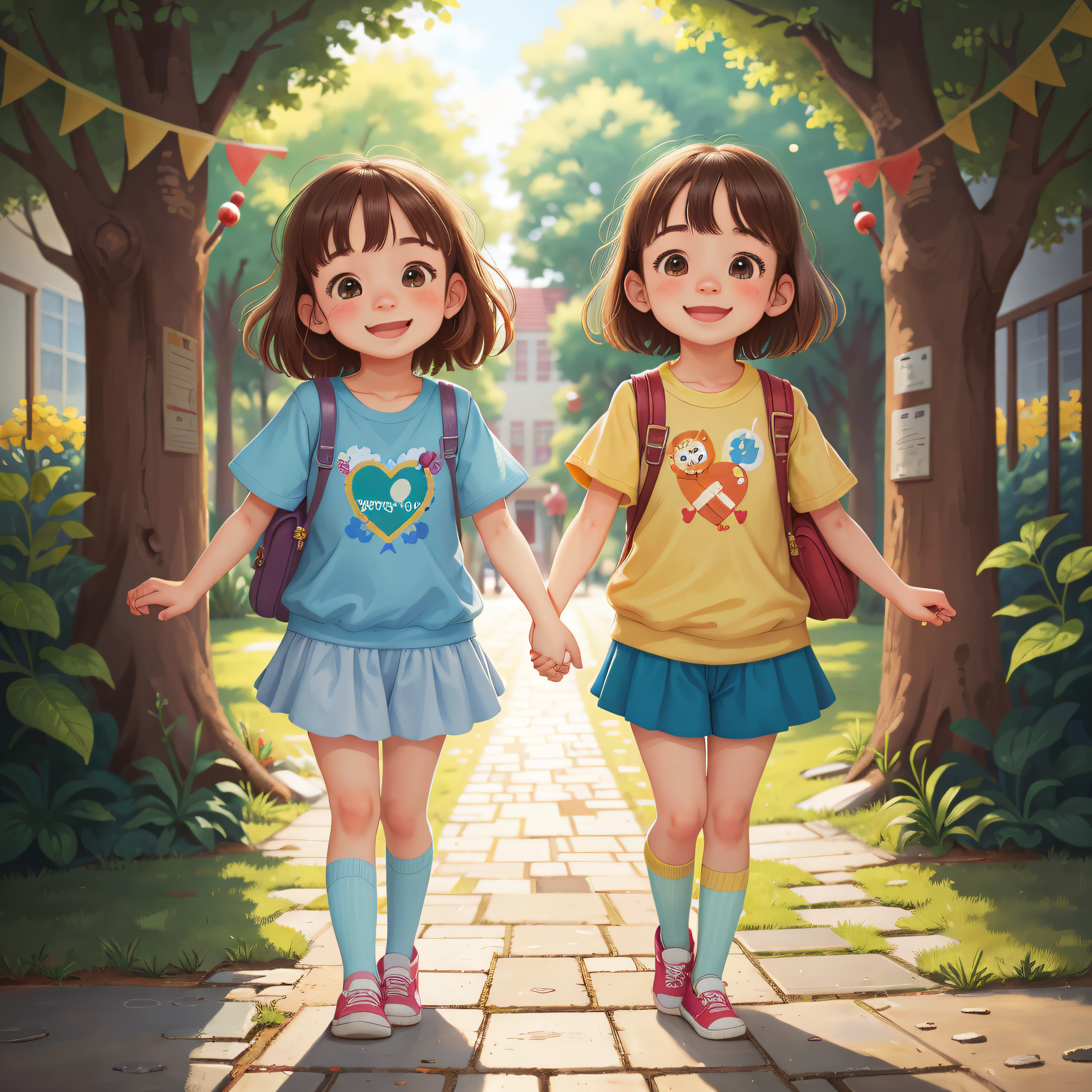 two childhood sweethearts walked hand in hand on the campus path, smiling brightly, happy, perfect quality, clear focus (clutter - home: 0.8), (masterpiece: 1.2) (realistic: 1.2) (bokeh) (best quality) (detailed skin: 1.3), (intricate details) (8K) (detailed face), (detail eyes) (sharp focus), (happy), depth of field control method