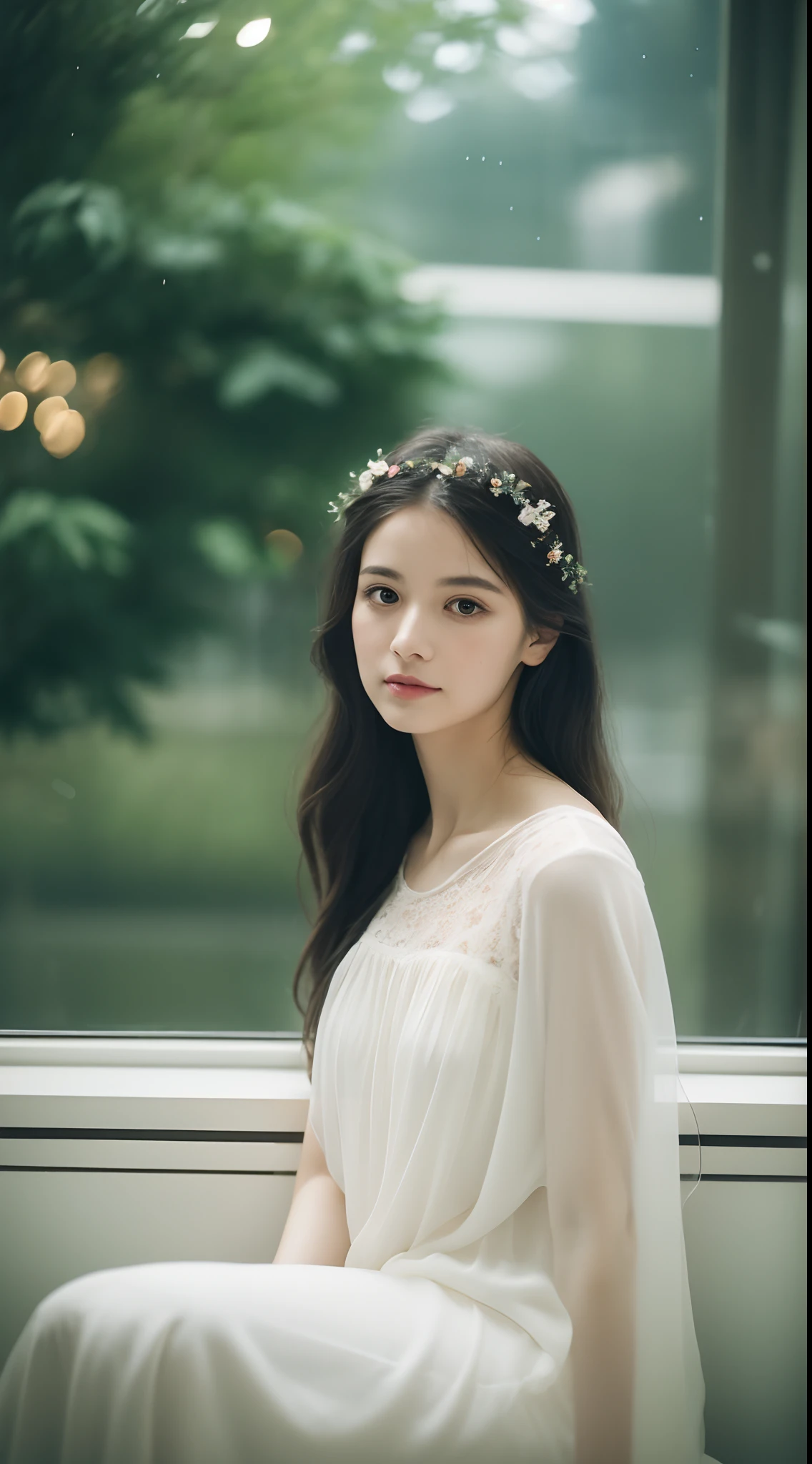 (8K, RAW photo, Best quality)1girll, Beautiful face, Coiled hair as black as a spring,melancholic mood,Delicate hair accessories,White fairy dress,Sit and look out the window, cafe shop, Outdoors,rainy sky,Background bokeh,Focalors,filmgrain,