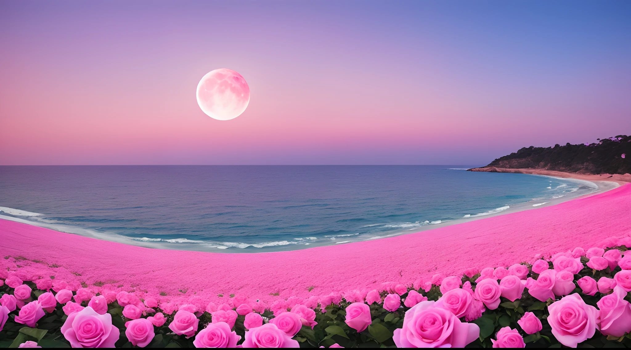 Pink moon, pink sky, soft pink clouds, pink ocean waves sparkling, sparkling, pink roses on pink ocean, fantasy, diamond, crown, universe, soft lights,
