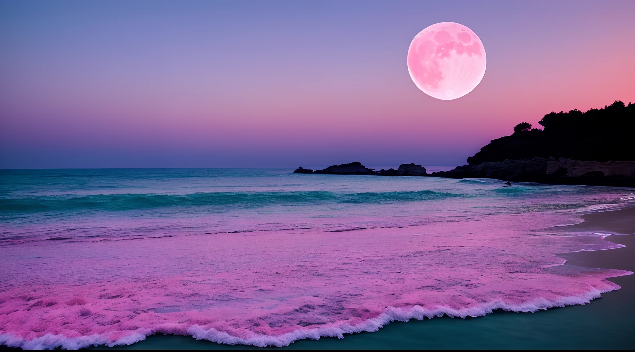 Pink moon, pink sky, soft pink clouds, pink ocean waves sparkling, sparkling, pink roses on pink ocean, fantasy, diamond, crown, universe, soft lights,